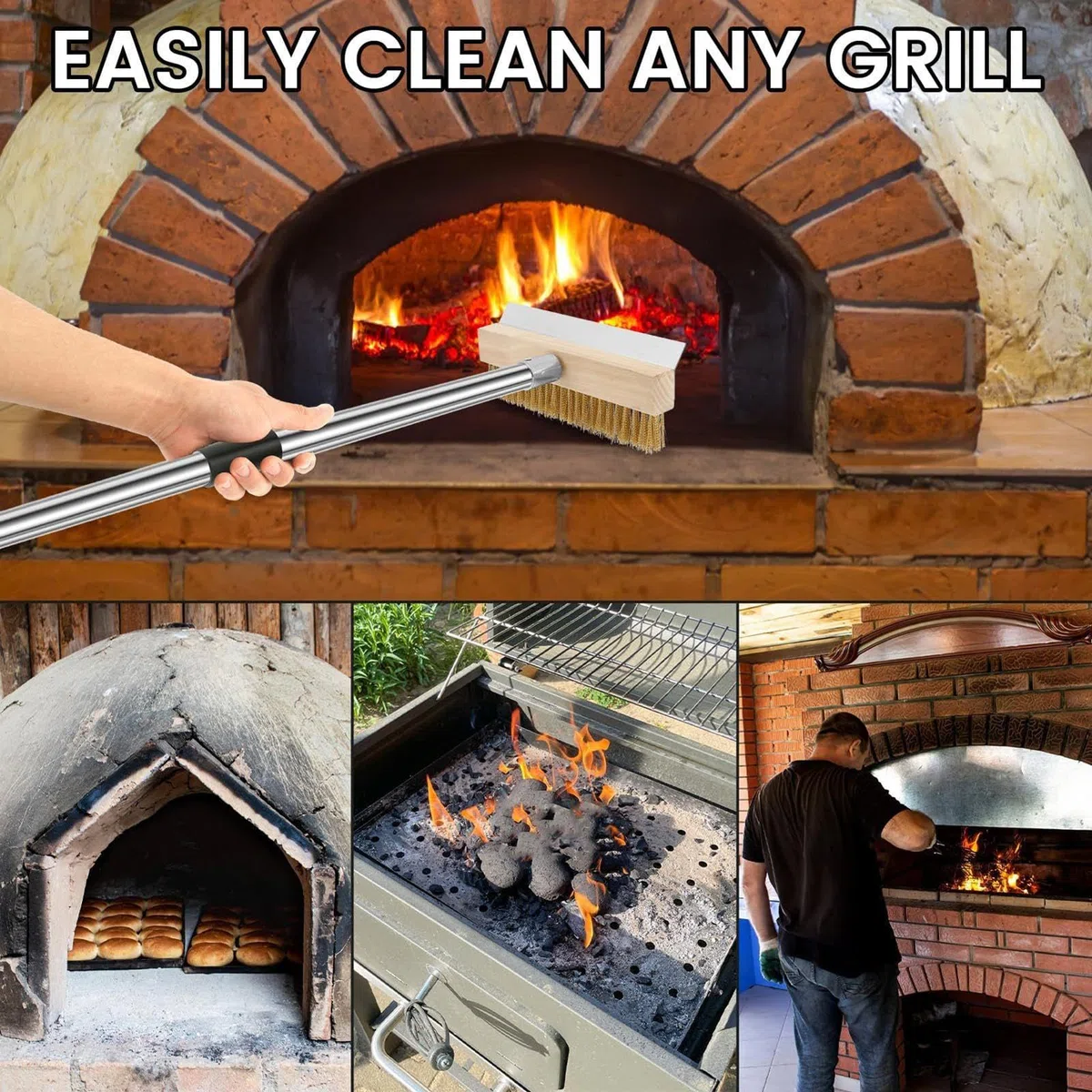 Ofenreinigerbürste, Pizzastein, Reinigungsbürste, Grillschaber, Werkzeug, hitzebeständig, langer Griff, robuste Borsten für Grill, Outdoor, Küche, Restaurant