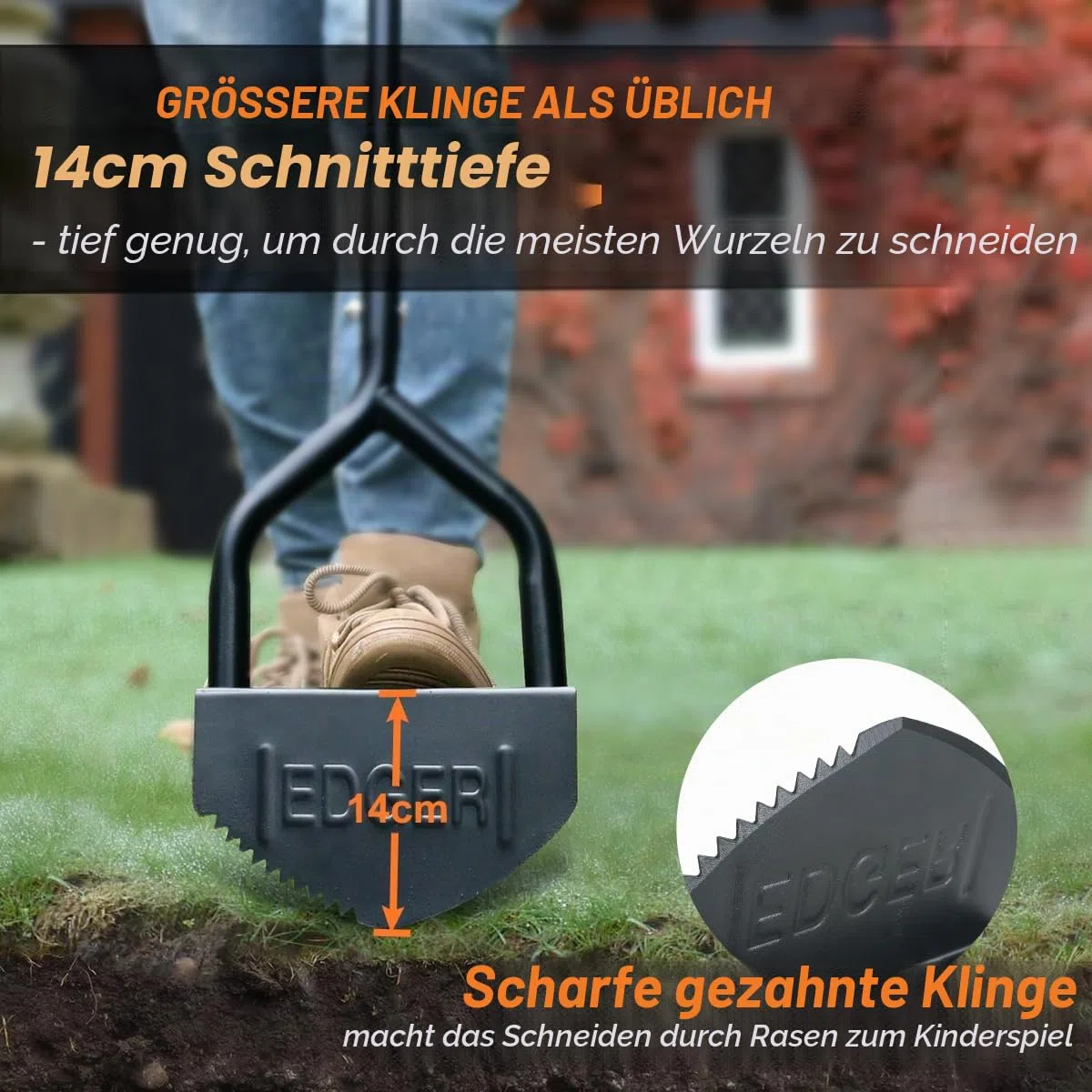 Colwelt Manuelles Rasenkantenwerkzeug, 102 cm, Halbmond-Rasenschleifer mit V-förmiger gezackter Klinge, massiver Stahl, Rasenkantenwerkzeug mit weichem T-Griff, Gartengraskantenschneider für Gehweg