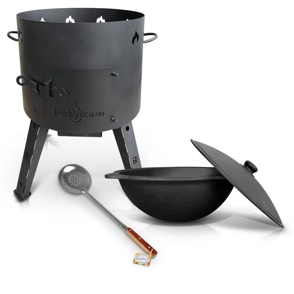 Utschak Feuerofen mit Gusseisen Topf runder Boden mit Deckel 16 L KazanoFF Uchag Gusseisen Kazan Kasan Outdoor Feuerschale Camping 48 cm Set 16-6