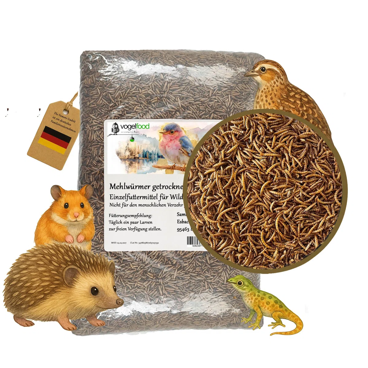 Samore 5 kg Mehlwürmer getrocknet - Vogelfutter Fisch-Futter Nager Vögel Reptilien Igel
