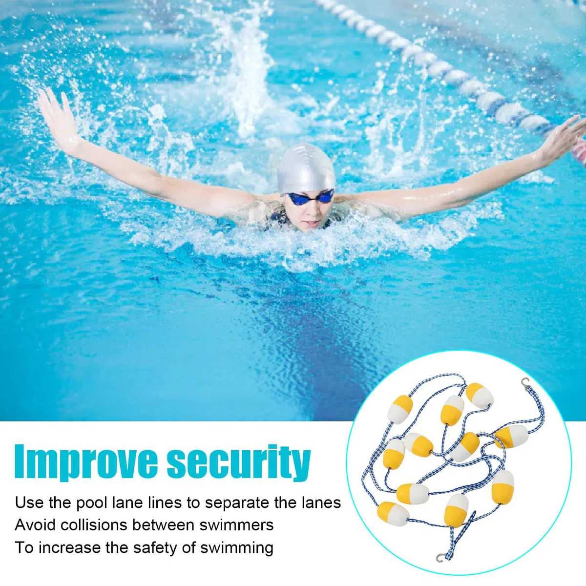Schwimmleine, 5 M, 7 cm, PVC-Sicherheits-Trennseil Und Schwimmleine Mit 2 Vormontierten Edelstahlhaken Und Zweifarbigen Schwimmbojen Für Effektive Sicht auf Das Schwimmbad