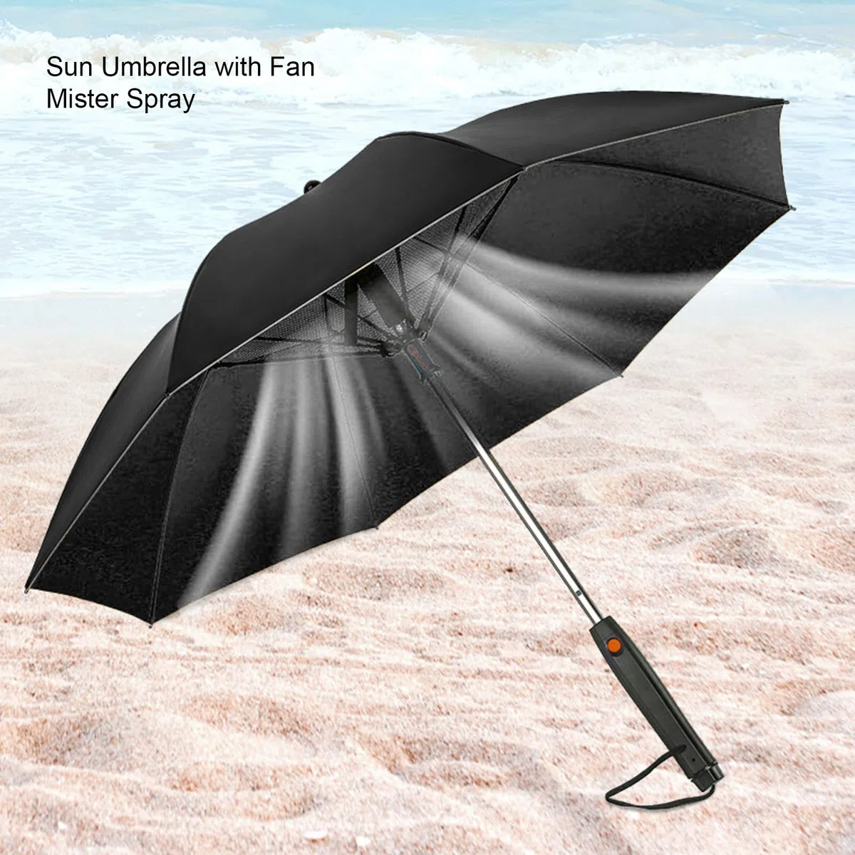 Sonnenschirm mit Eingebautem Ventilator und Sprühnebel, UPF 50+ UV-blockierender Regenschirm, für Sommer, Kühlung, Strand, Beschlagen von Umberlla, Batteriebetrieben