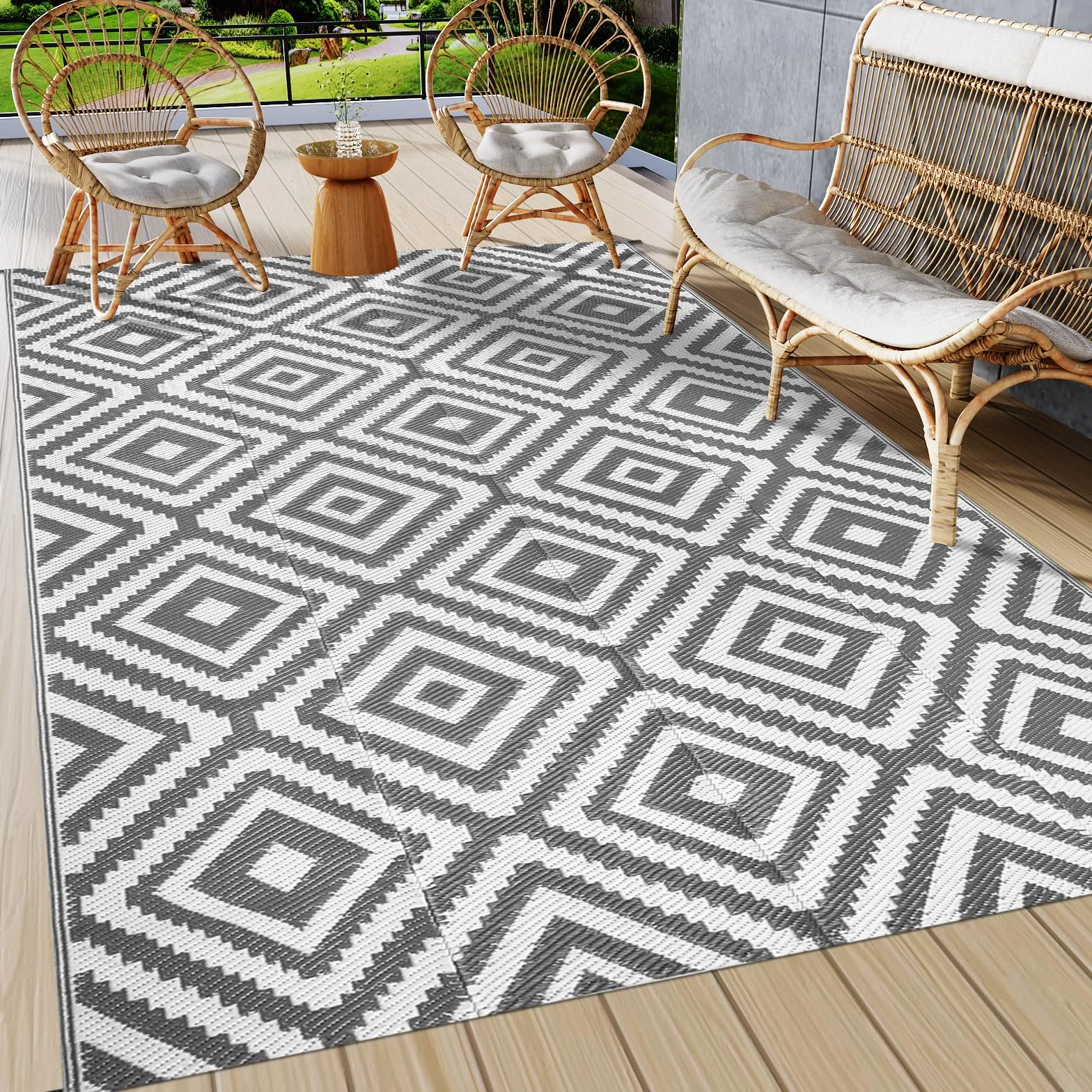 Famibay Outdoor Teppich Wetterfest Outdoor Teppich Balkon Camping Wasserfest Grau Kunststoff Wendbar Leicht Outdoorteppich für Terrasse Garten Balkon Camping Innen Außen