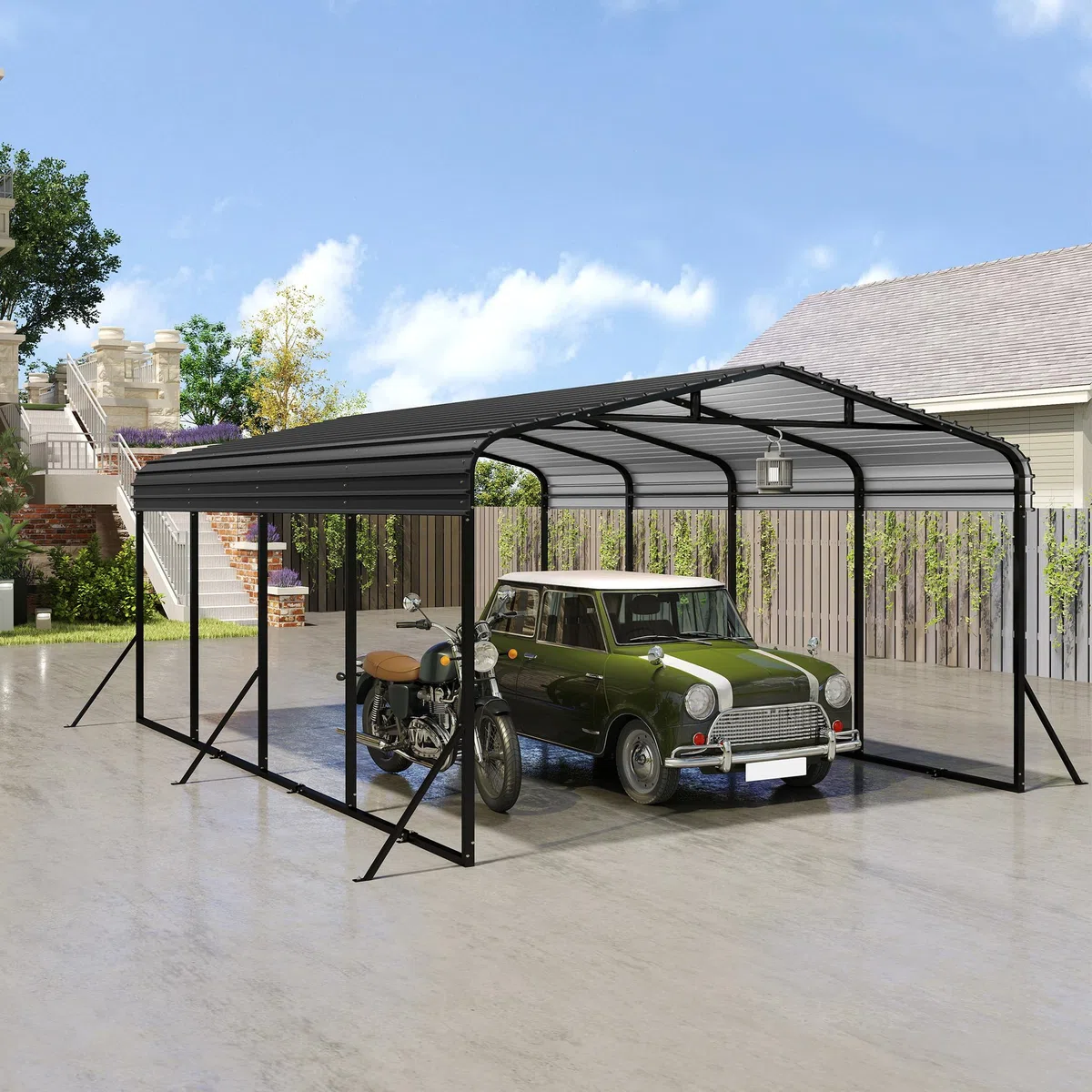 SUBTLETY Carport Aluminium 370x600 cm Fahrradgarage mit Farbige Stahlbleche Spitzdach Freistehender Shelter Winterfest UV-beständig Garagenzelt für PKW SUV Garten Outdoor