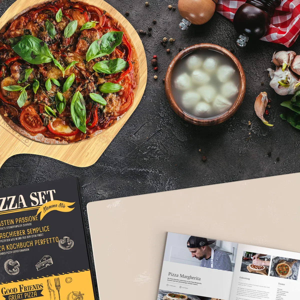 GARCON Pizzastein Set eckig – Pizza Stein für Backofen & Grill, 3-teilig inkl. Pizzaschieber & Rezeptbuch, ideal für Pizza, Flammkuchen & Brot, knuspriger Steinofenboden
