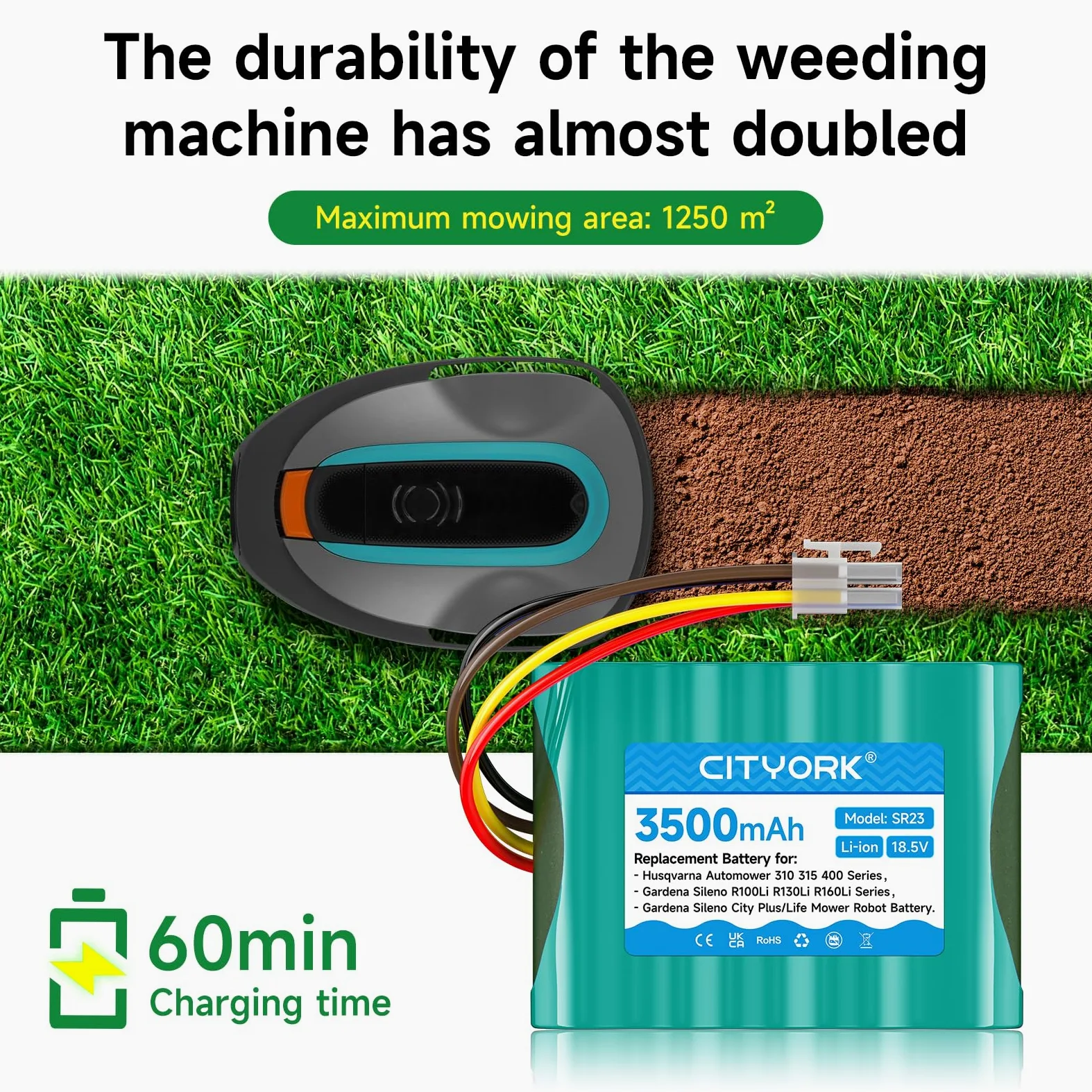 CITYORK 3500mAh Ersatzakku für Gardena Sileno R100Li R130Li R160Li, Gardena Sileno+ City/Life, für Husqvarna Automower 310 315 Rasenroboter, Rasenmäher Akku (18,5V, Li-ion)