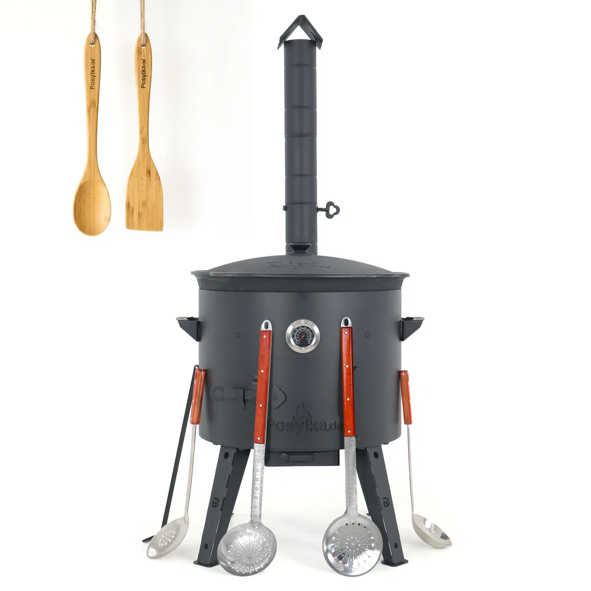 Utschak Feuerofen Ø 49 cm Gusseisen Topf 22 L Ø 52,7 cm Kazan-Set mit Deckel Outdoor Feuerschale Dutch Oven Usbekischer Kochtopf aus Gusseisen für Grill Plov