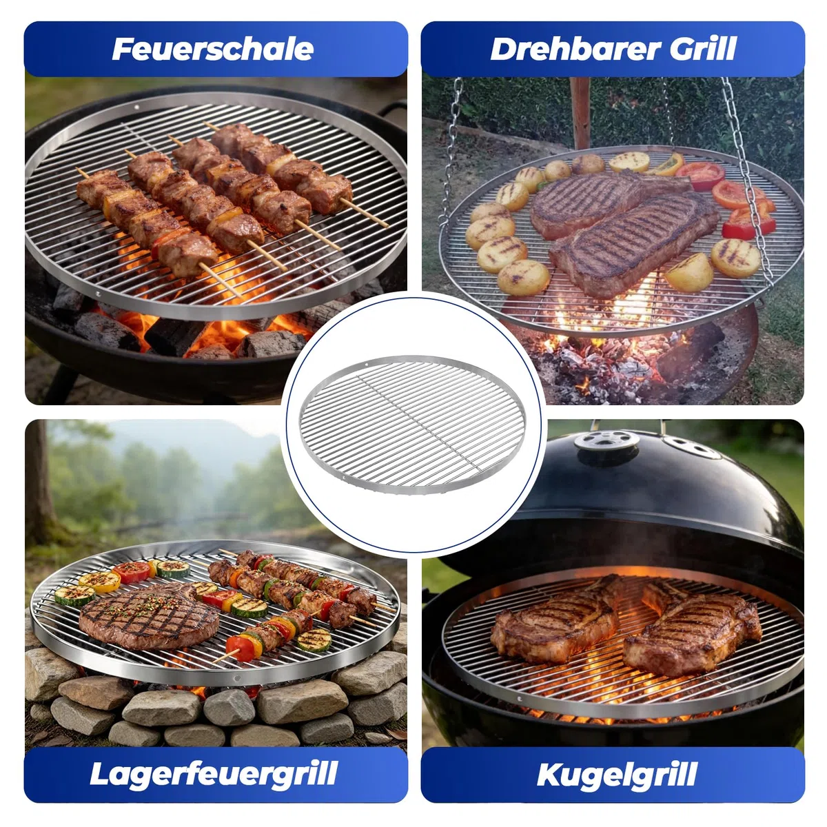Edelstahl Grillrost Rund 60 cm 304 mit Aufhängungsbohrungen für Weber Kugelgrill 57cm