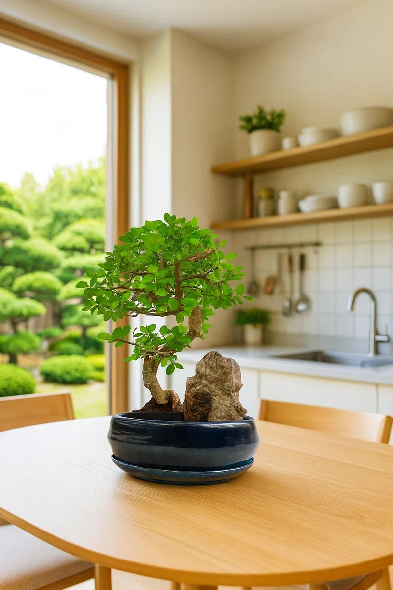 Chinesische Ulme Bonsai – ca. 9 Jahre alt, 35–40 cm – Bonsaiarrangement an Felsen in Keramikschale mit Untersetzer, pflegeleichter Indoor-Bonsai