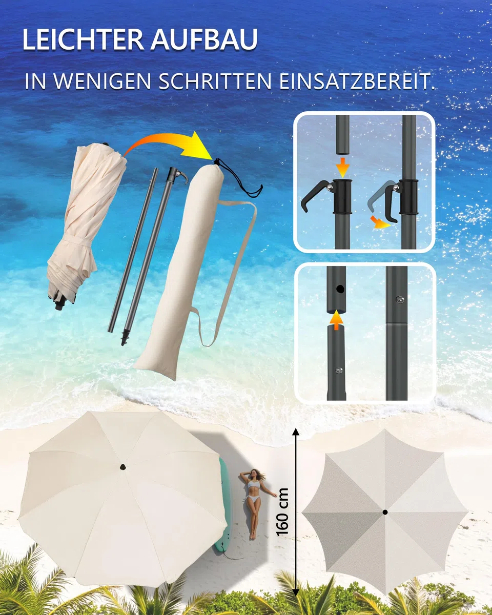 Menz Sonnenschirm Strand Ø 160 cm - Funktioneller Reise Sonnenschirm UPF 50+ für Koffer - Praktischer Strandschirm klein faltbar, kompakter Strandschirm koffertauglich