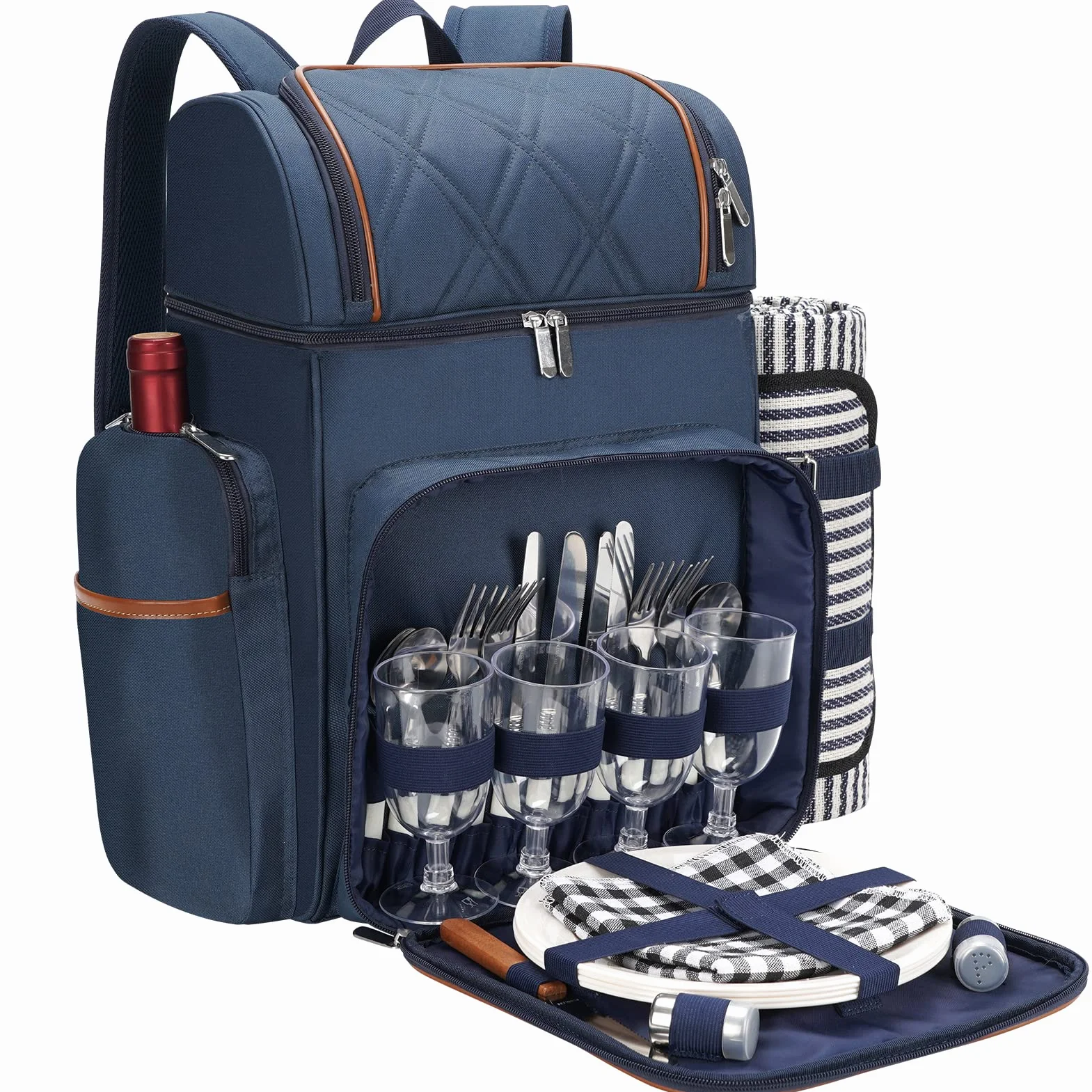 Picknick-Rucksack für 4 Personen, Picknickkorb-Set, auslaufsichere Picknicktasche, Strandkühlrucksack mit isolierter Kühltasche, Picknickdecke, Camping, Park