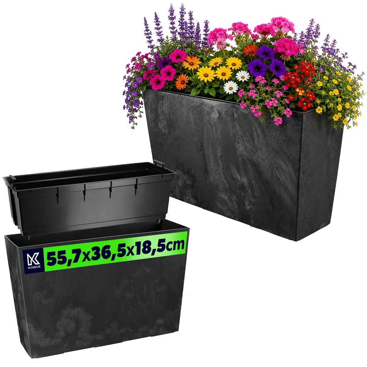 KADAX Blumenkasten aus Kunststoff, 18,5x55,7cm, 5 Farben, Blumentopf mit Bewässerungsbändern, Balkonkasten mit Einsatz, Pflanzkasten für Außen, Blumenkubel (Schwarz, Rechteckig Betonmuster)