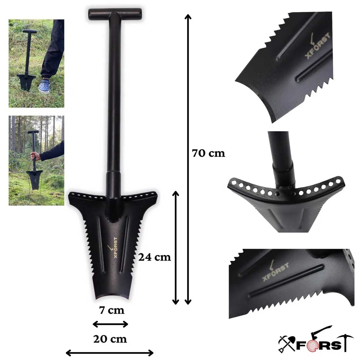 Xforst X-SZ1 Schaufel Spaten aus Karbonstahl mit Pulverbeschichtung – 70 cm, 1,36 kg, Trapezklinge mit scharfer Kante, ideal für Gartenarbeit, Wurzelentfernung, Metalldetektor/verstärkte Trittkante