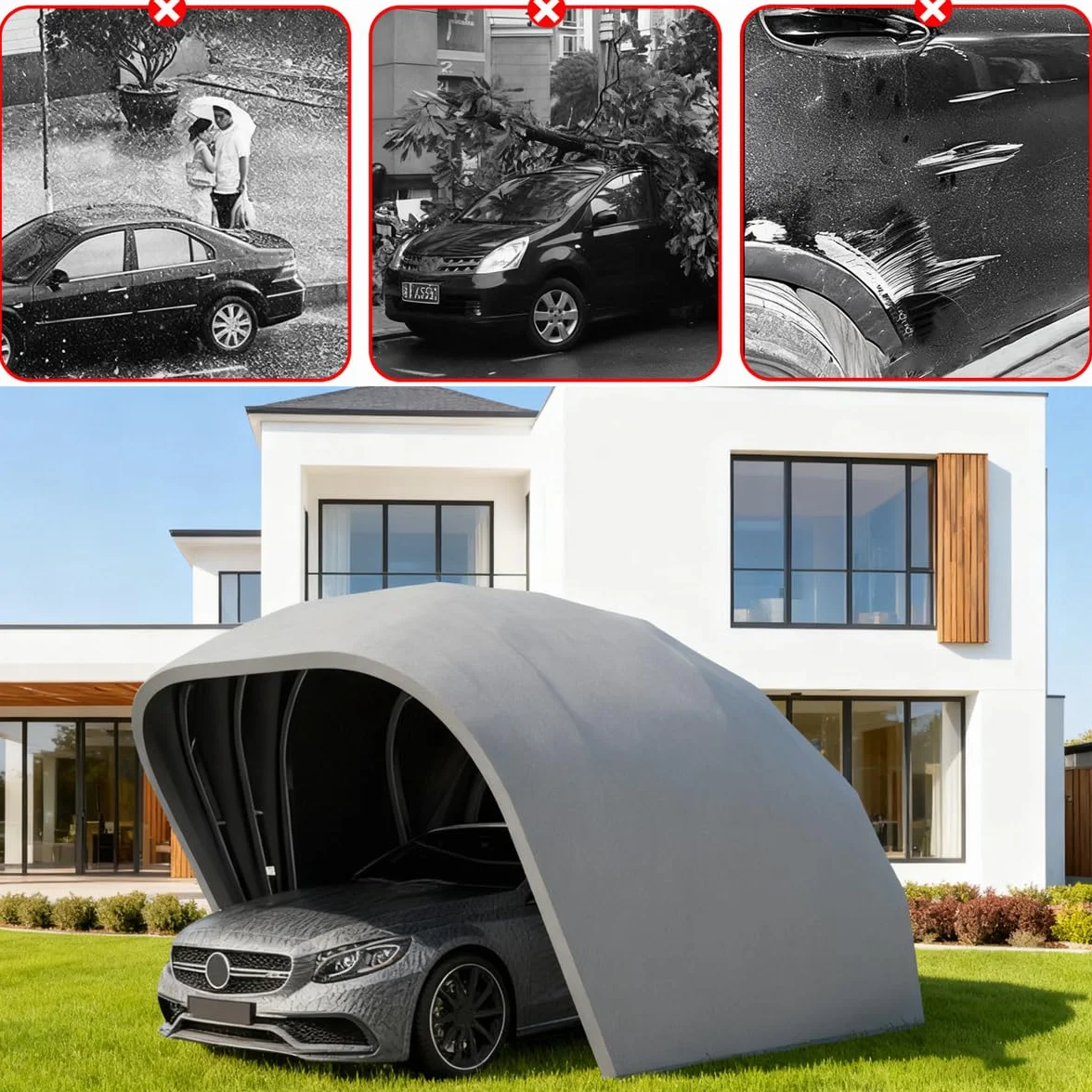 Faltgarage Auto, Mobile Carport aus Edelstahl, Garage Zelt Unterstand, Abschließbarer, Kälte und Regenfester, Halbautomatische Faltgarage für Auto, SUV, Pick-up, Dunkelgrau