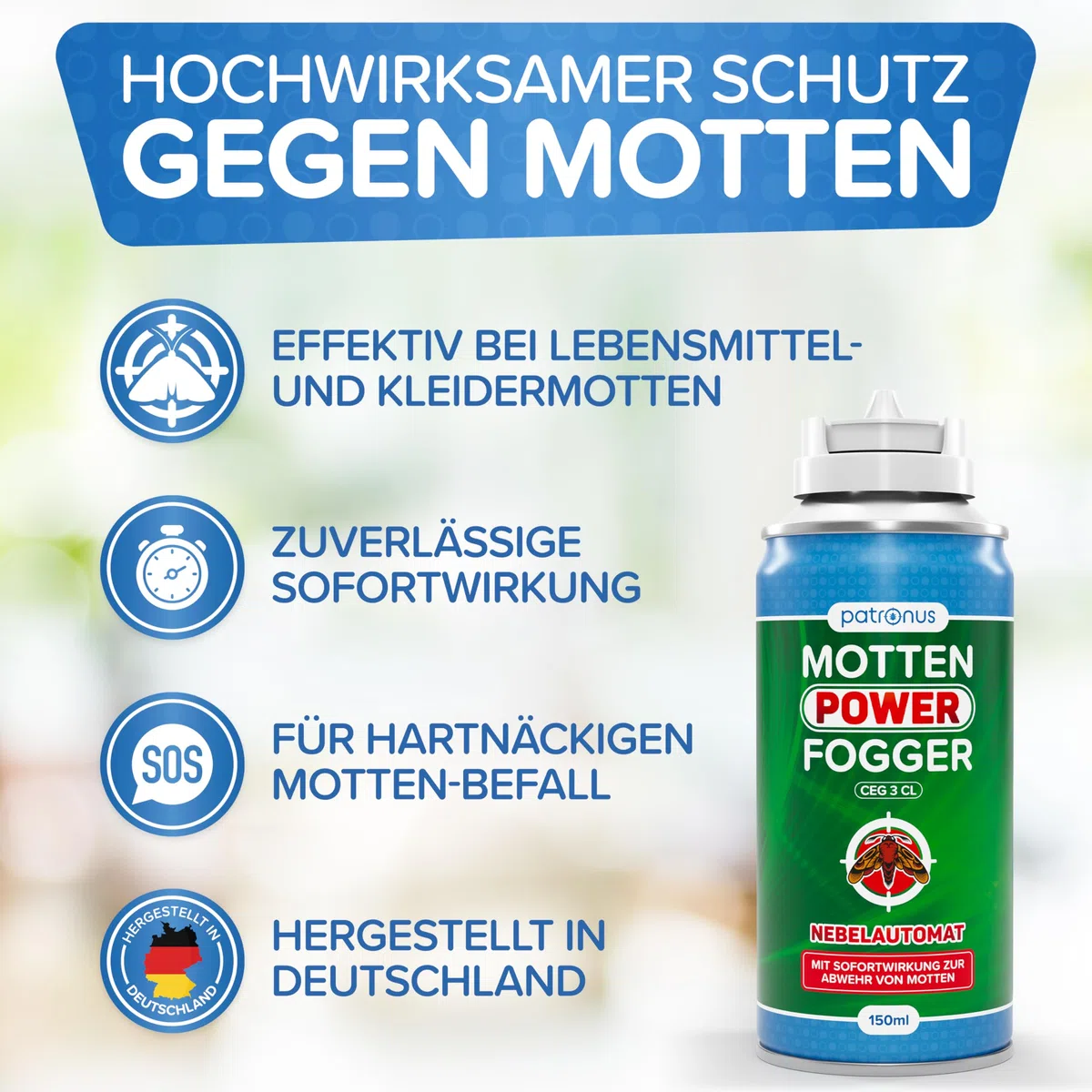 Patronus Motten Power Fogger mit maximaler Sofortwirkung [2x 150ml] | effektiver Vernebler gegen Motten, Kleidermotten & Lebensmittelmotten, für schwierig erreichbare Motten-Verstecke