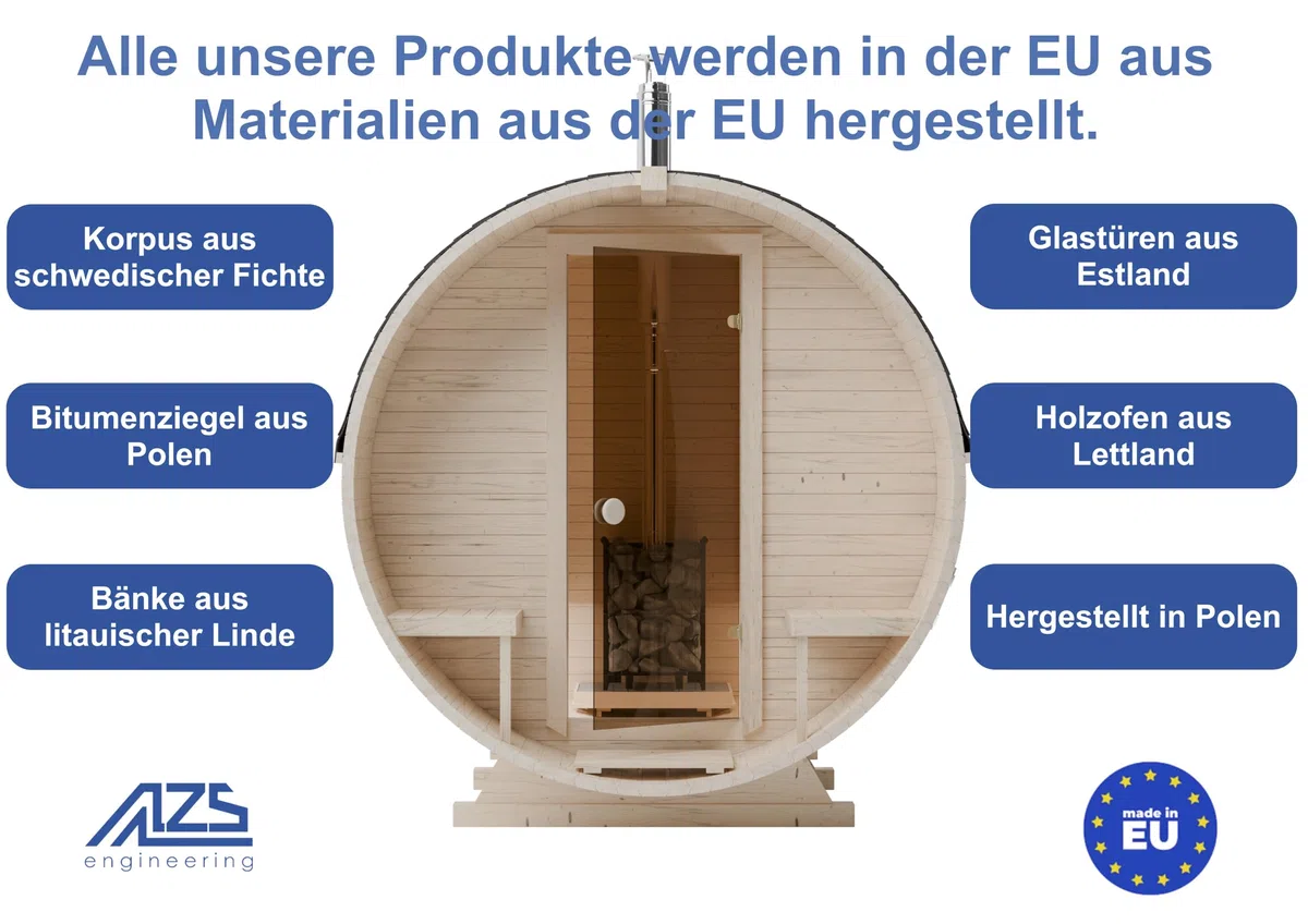 Fasssauna Gartensauna aus Fichtenholz mit Holzofen ETNA – 2–6 Personen