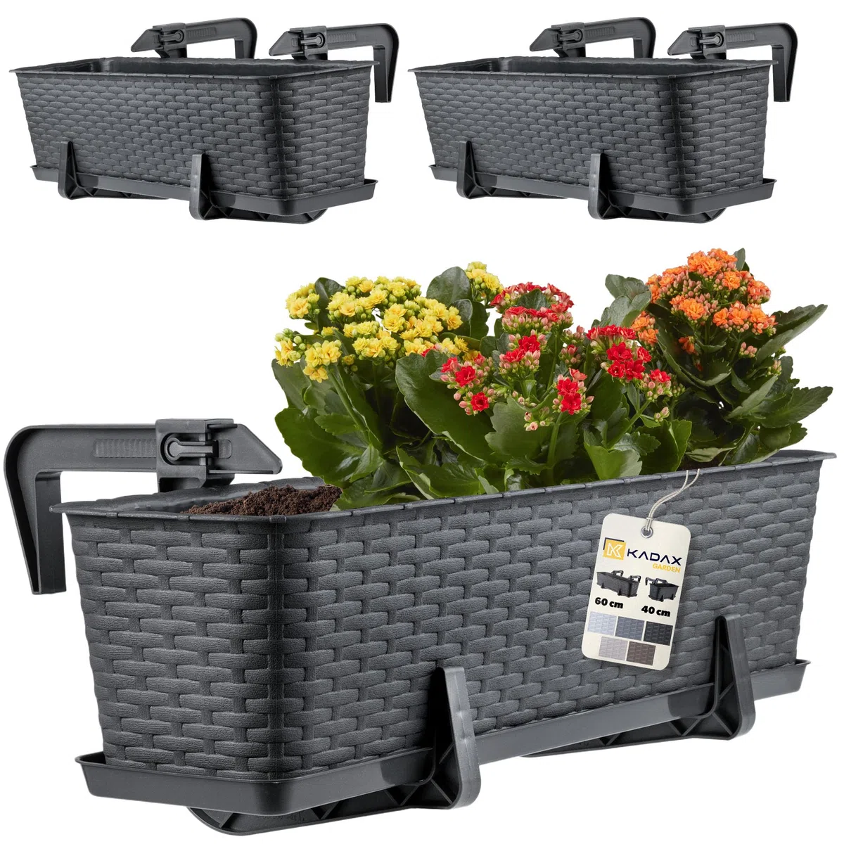 KADAX Blumenkasten 60 cm 3er Set Balkonkasten – Kunststoff Pflanzkasten für Balkon & Garten, Anthrazit, Wetterfest & Stabil, Ideal für Blumen & Kräuter