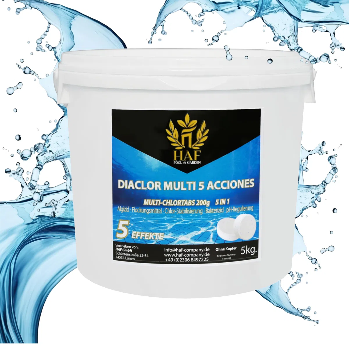 HAF Pool Chlor-Tabletten (1 x 5 kg Eimer) – langsam lösliche Chlortabletten (200g pro Stück) | Chlor Multitabs 5 in 1 für Poolpflege, Dauerdesinfektion, Algenvorbeugung & hygienisch klares Poolwasser