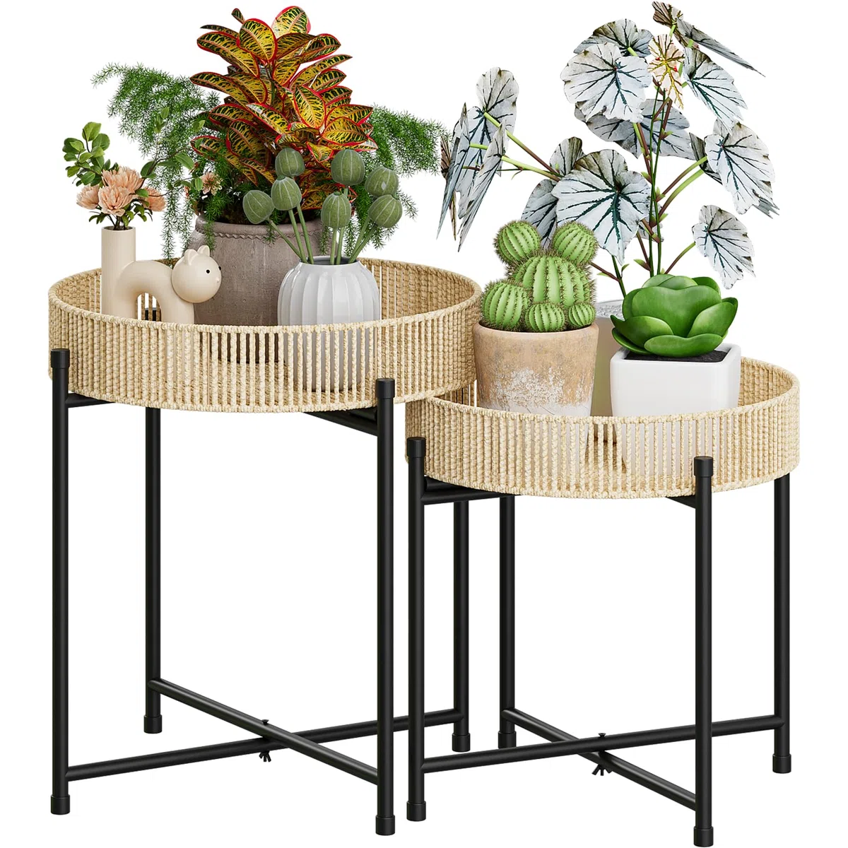 Bamworld Beistelltisch 2er Set Rund Boho Beistelltische mit Rattan Tablett & Metall Gestell Kleiner Tisch für Wohnzimmer Schlafzimmer Balkon Garten Beistelltisch Outdoor Indoor Ø44/40cm Höhe 52/43cm