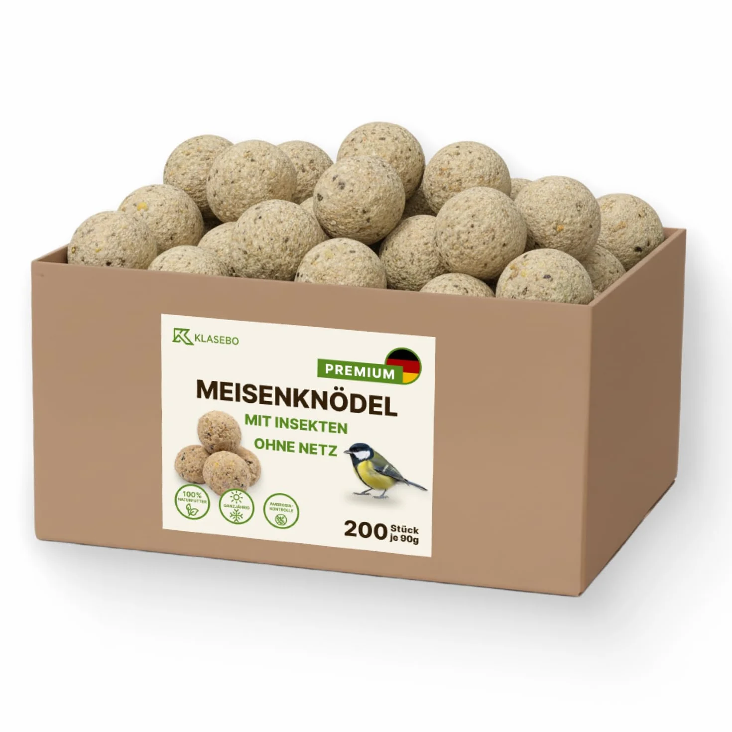 Premium Meisenknödel mit Insekten, 200 Stück (18kg) – Ganzjähriges Wildvogelfutter, Natürliche Zutaten, Ganzjährige Fütterung, Körnerfresser Delikatesse