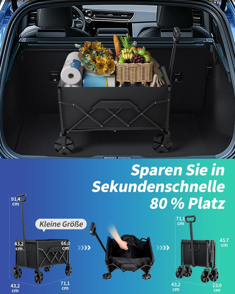 klein Kitsure Bollerwagen Faltbar – Handwagen mit Hartplastikrädern, 71,1 x 43,2 x 91,5 cm Transportkarre für Einkäufe, Garten, Camping, Sport & Angeln, Schwarz