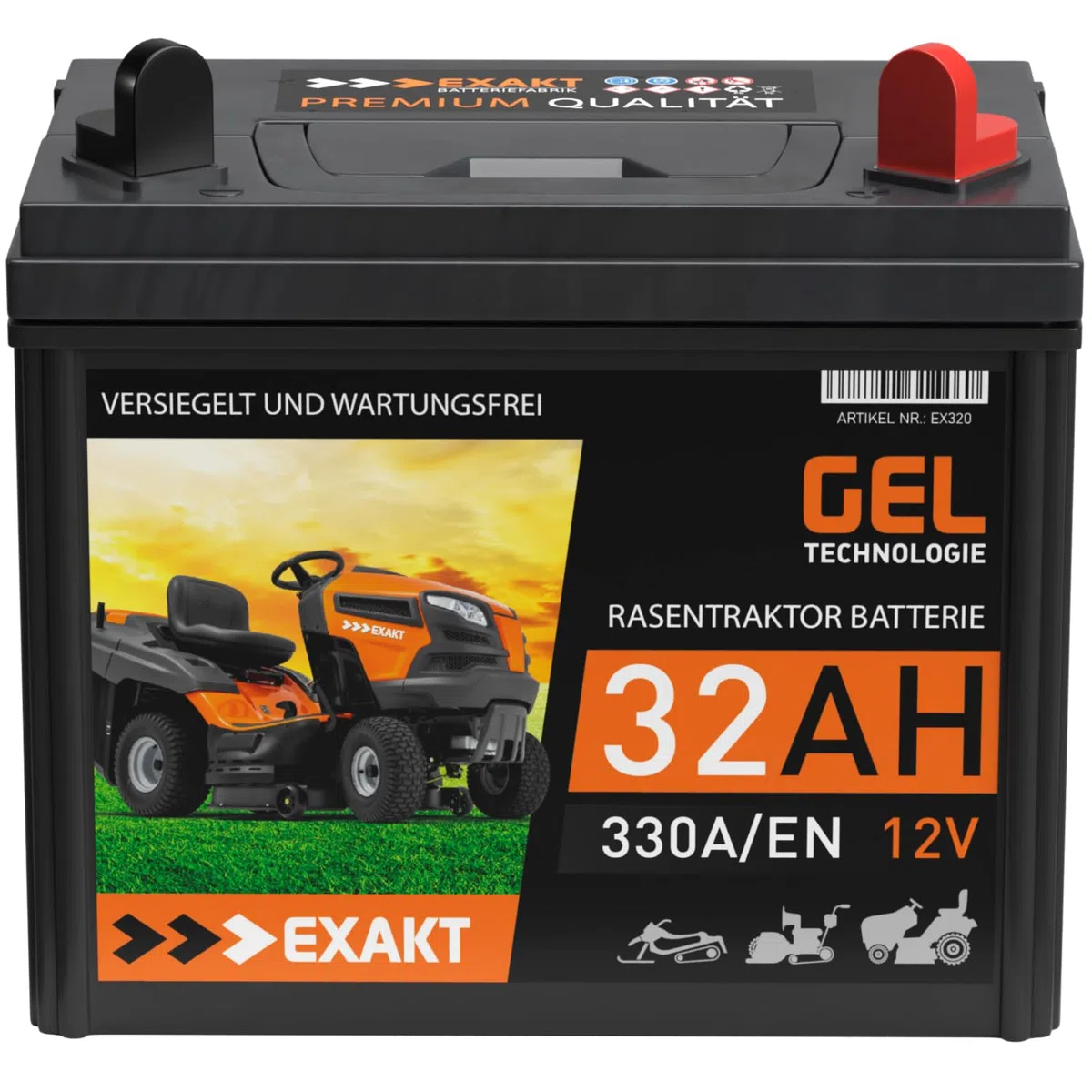 EXAKT Rasentraktor Batterie 12V 32Ah GEL Batterie Plus Pol Rechts Aufsitzmäher Rasenmäher Starterbatterie ersetzt AGM 24Ah 26Ah 28Ah 30Ah
