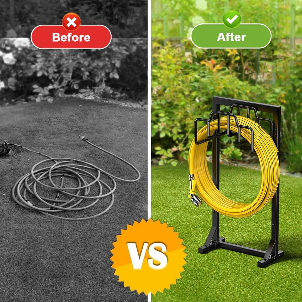 Bomclap 117CM Gartenschlauchhalter, Schlauchhalter Freistehend, Abnehmbares Metall Gartenwasserschlauch Aufbewahrungsorganizer, Heavy Duty Gartenrohrständer mit Aufbewahrungskorb, Schwarz