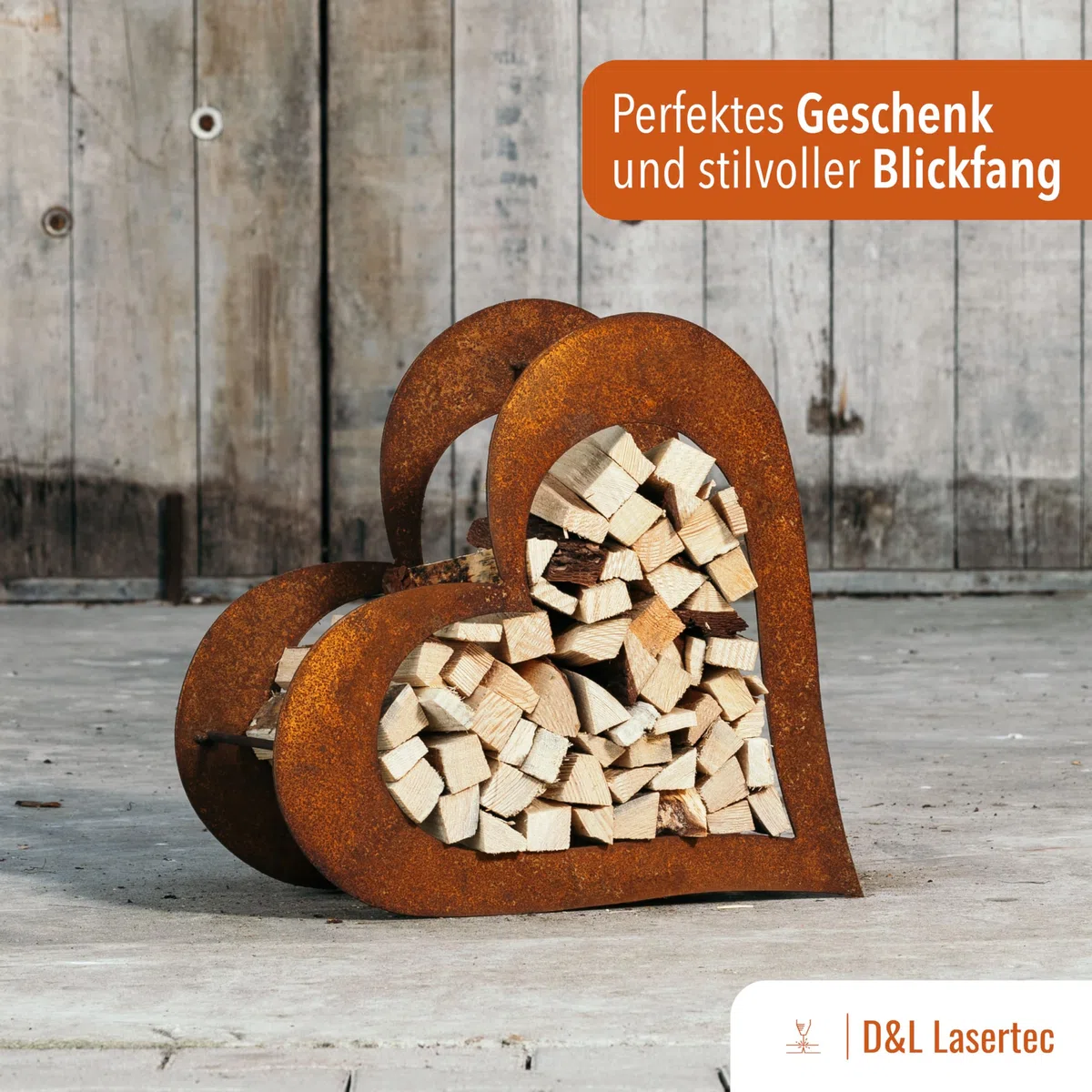 D&L Lasertec Herz aus Metall - Herz für Kaminholz - Regal aus Rost Edelrost Holzregal für Garten Terrasse - Herz liegend S