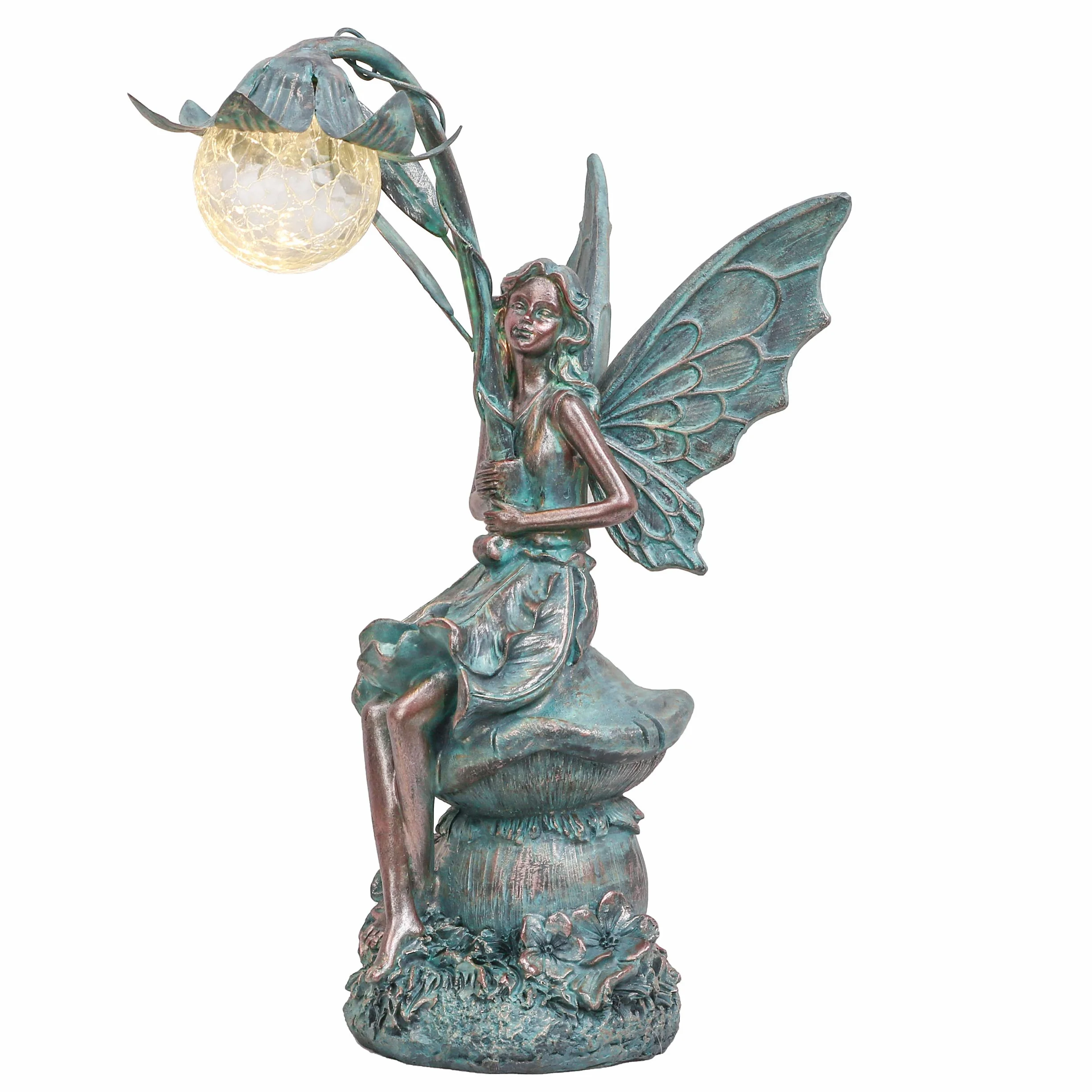 TERESA'S COLLECTIONS Gartendeko für draußen,35cm Bronze Sitzende Elfen mit Solar Glaskugeln Beleuchtung aus Polystein,groß Feen Statue Solar Fairy, Gartenfiguren Geschenk für Mama Vatertag