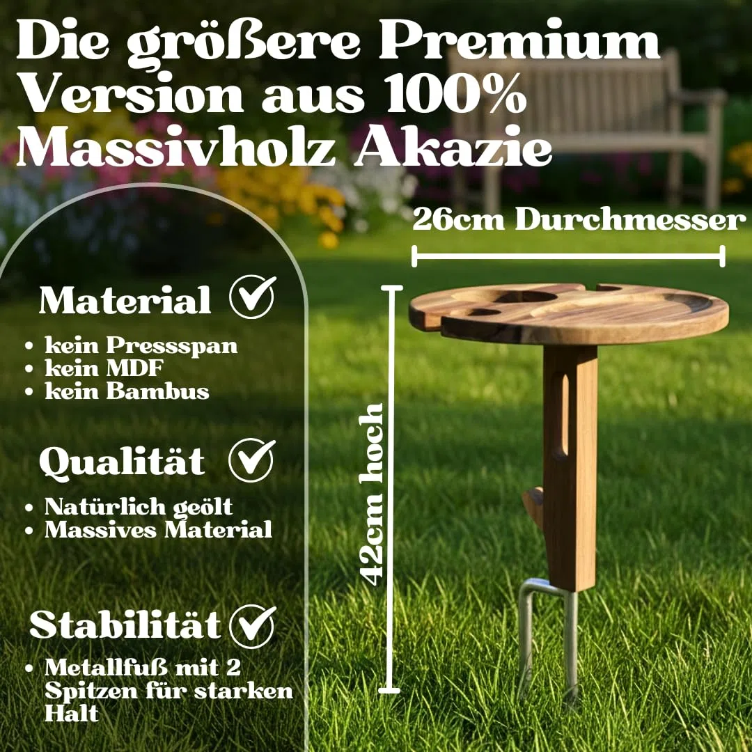 Decozy Life Steckbarer Weinhalter aus Massivholz - klappbarer Picknicktisch – Picknick & Camping Geschenke | Strand Gadget, Garten Gadget & Wein Zubehör | Originelles Camper Geschenk für Weinliebhaber