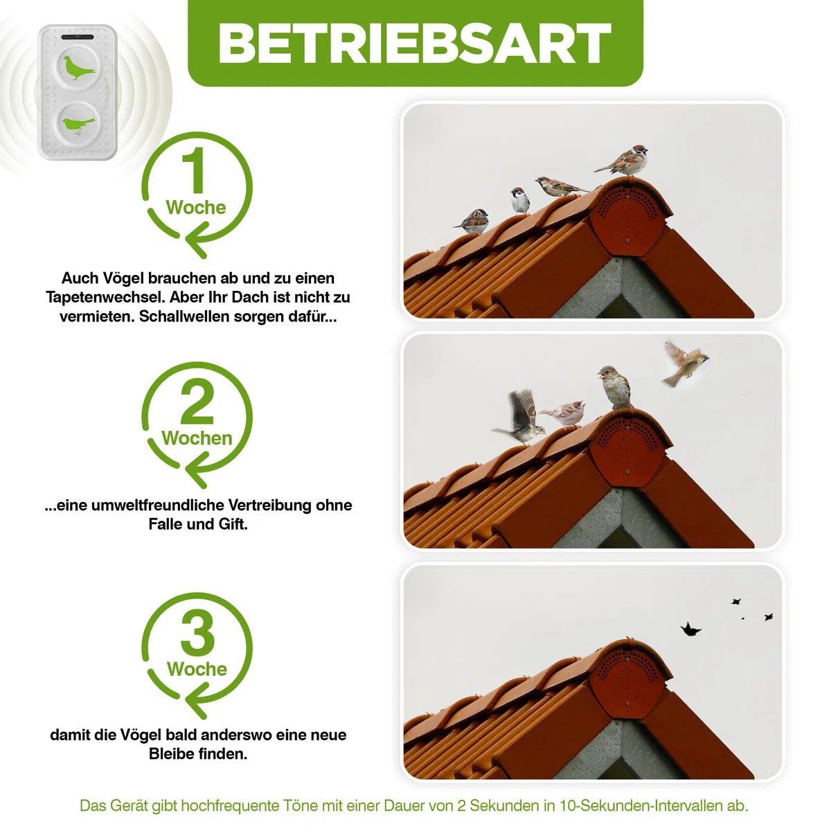 ISOTRONIC Ultraschall Vogelabwehr zum Vertreiben von Tauben, Spatzen, Möwen & Krähen – batteriebetriebener Vogelschreck für Balkon, Dach & Garten – Taubenabwehr mit 50m² Wirkungsbereich (1 Stück)