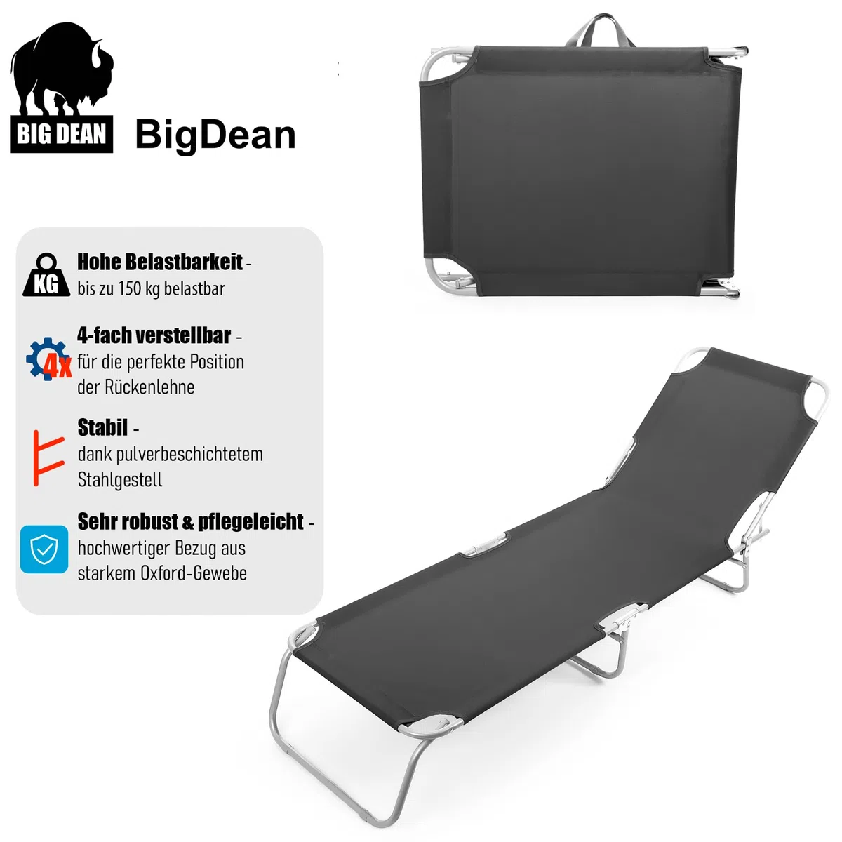 BigDean Sonnenliege klappbar 150 kg belastbar mit 4-Fach Verstellbarer Rückenlehne – hochwertige Gartenliege für Balkon, Garten & Strand - Klappliege Strandliege Liege schwarz