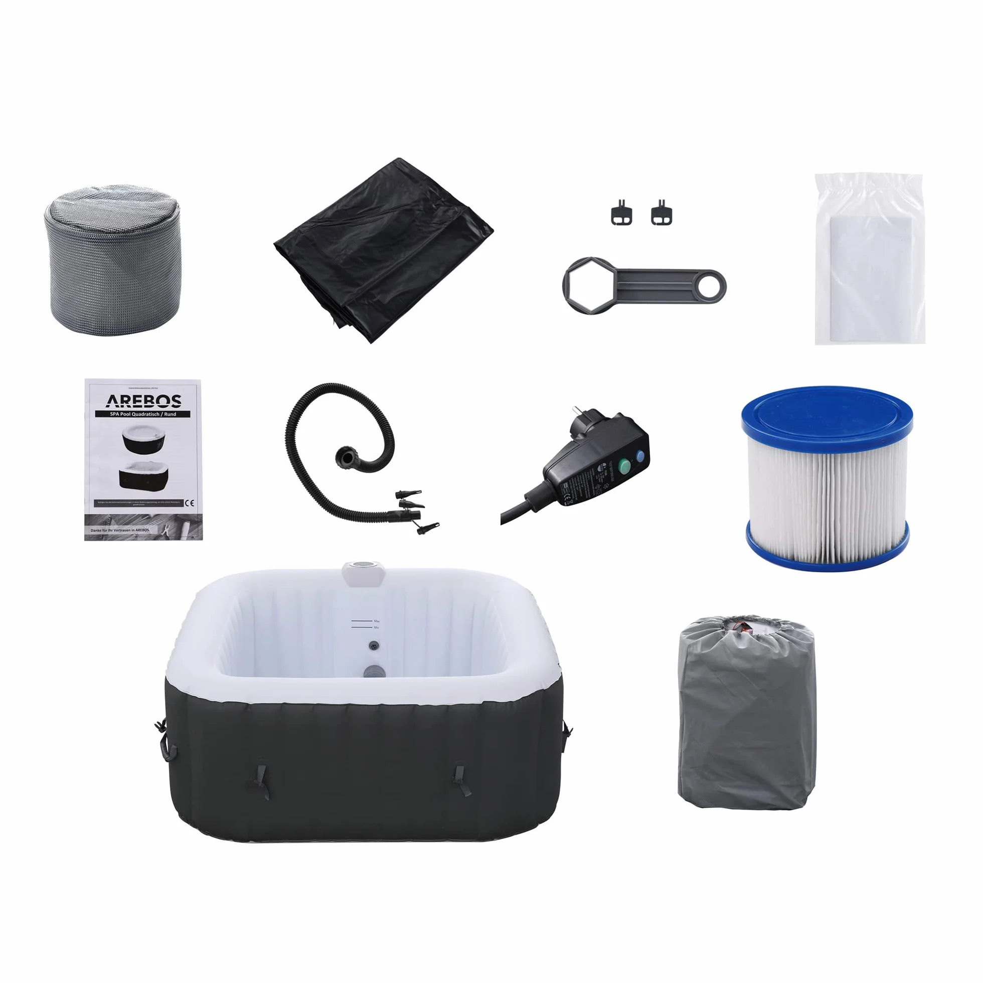 Arebos Aufblasbarer Spa Pool | für drinnen und draußen | Whirlpool 4 Personen | 154x154cm | 100 Massagedüsen | Wellness Spa Heizung | Aufblasbare Massage Quadrat | 600 Liter