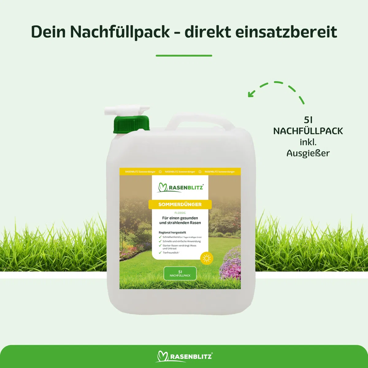 RASENBLITZ Sommerdünger Nachfüllpack – 5 L für 250–500 m², flüssig & sofort wirksam, nachhaltiger Rasendünger bei Trockenstress, ideal zur Auffrischung