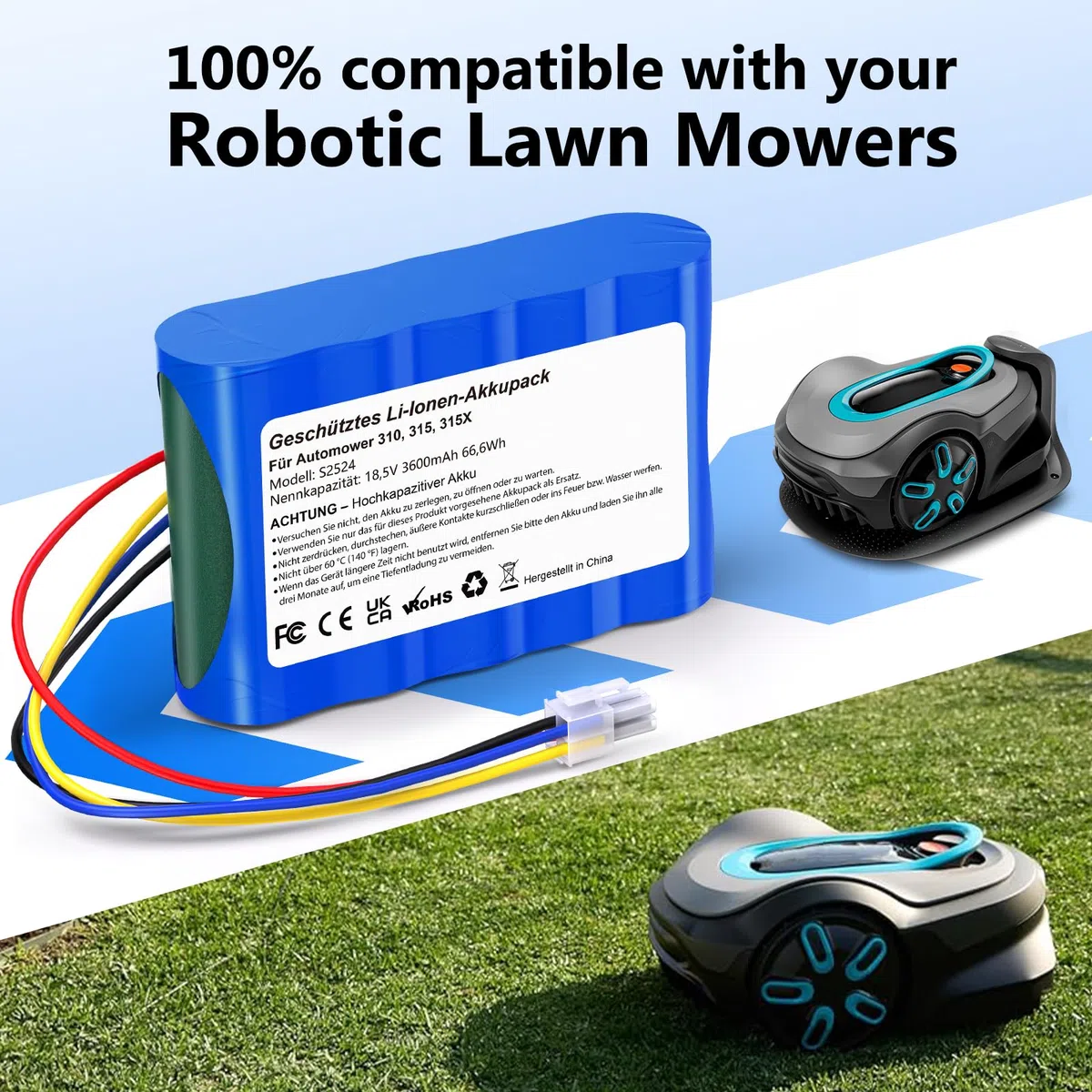 Ersatzakku kompatibel mit Husqvarna Automower 310, 315, 315X, Gardena Sileno R100Li,R130Li,R160Li Rasenmäher - (3600mAh, 18.5V, Li-Ion)