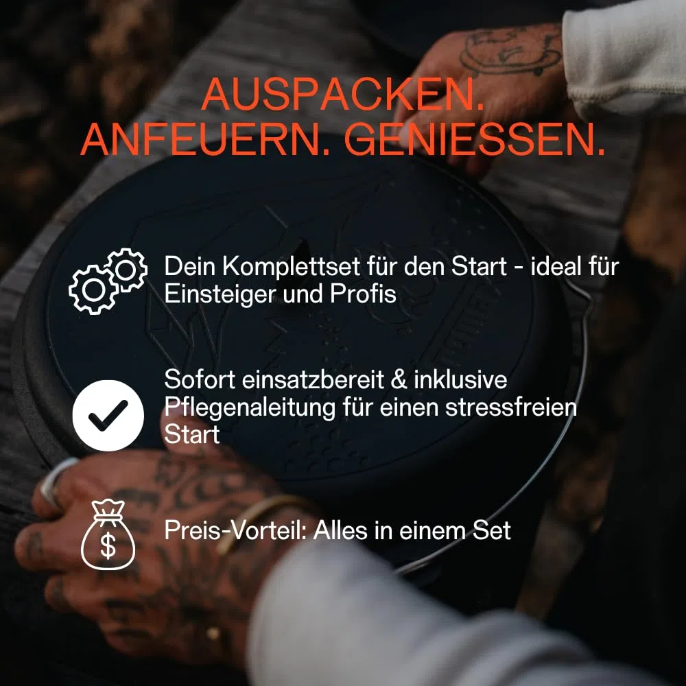 Petromax Dutch Oven ft9-t Komplettset – Feuertopf 7,5 L Gusseisen | Mit Deckelheber, Pflegepaste, Ringreiniger & Kirschholz-Löffel. Deckel als Pfanne. Für Grill, Ofen & Feuer, 8-14 Pers.