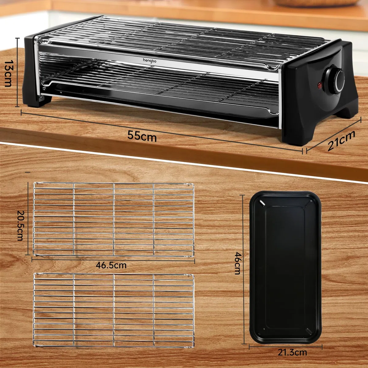 Tischgrill Elektrisch, Elektrogrill Doppelschicht, 2200W Elektro Grill Smokeless BBQ Grill für Balkon Indoor Party, Grillnetz aus Edelstahl, Schwarz