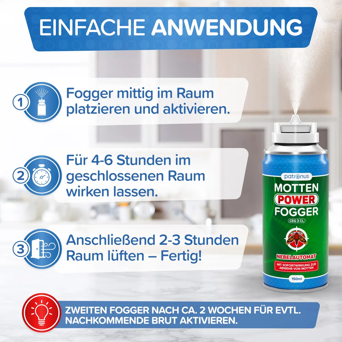 Patronus Motten Power Fogger mit maximaler Sofortwirkung [2x 150ml] | effektiver Vernebler gegen Motten, Kleidermotten & Lebensmittelmotten, für schwierig erreichbare Motten-Verstecke