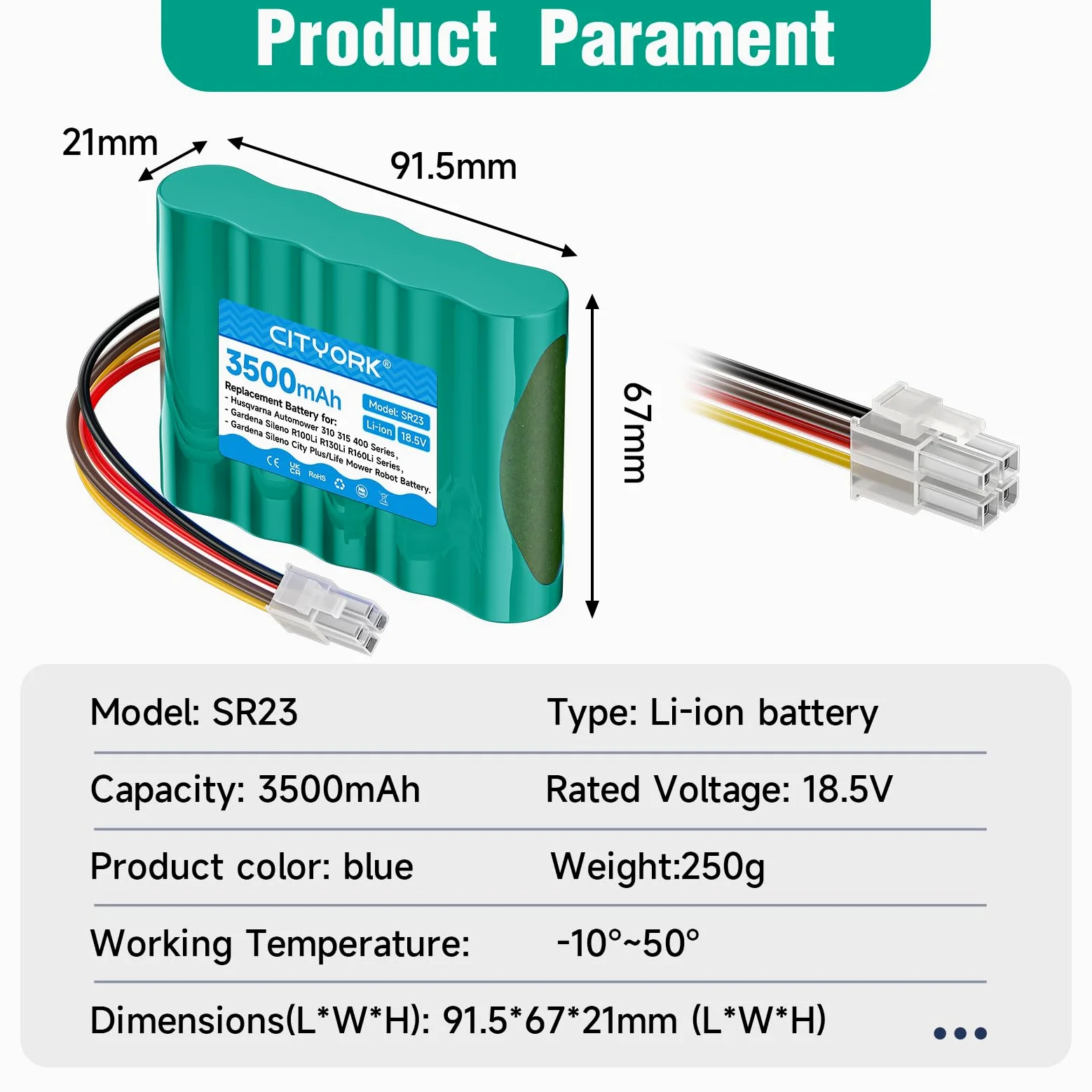 CITYORK 3500mAh Ersatzakku für Gardena Sileno R100Li R130Li R160Li, Gardena Sileno+ City/Life, für Husqvarna Automower 310 315 Rasenroboter, Rasenmäher Akku (18,5V, Li-ion)