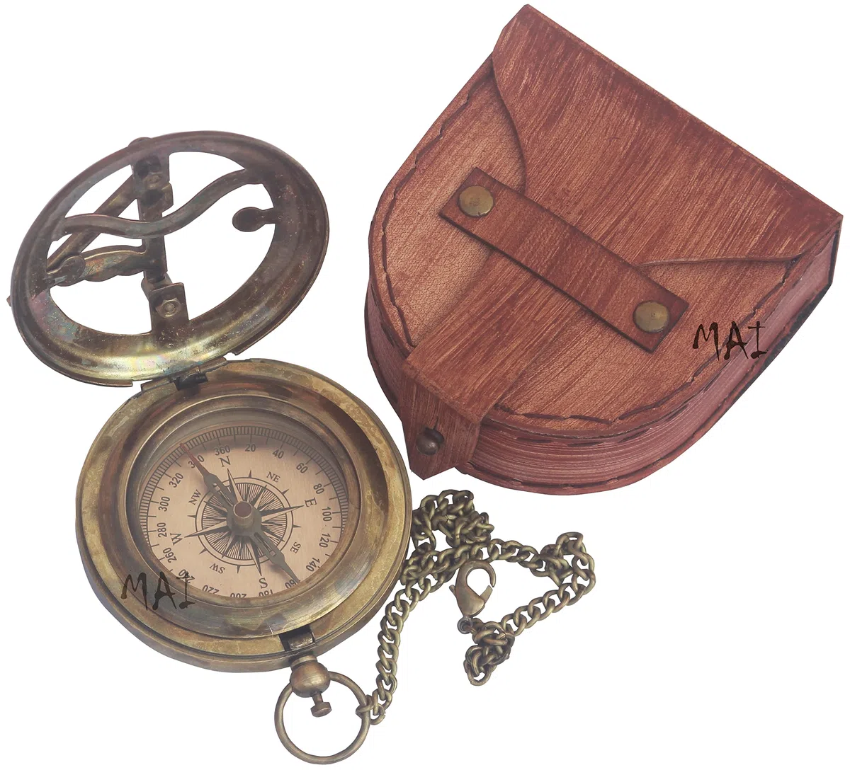 Sonnenuhr-Kompass aus Messing mit Ledergehäuse und Kette – Push-Open Kompass - Steampunk-Zubehör – antiker Vintage-Stil für Camping, Wandern, schönes handgefertigtes Geschenk – Sonnenuhr Steampunk