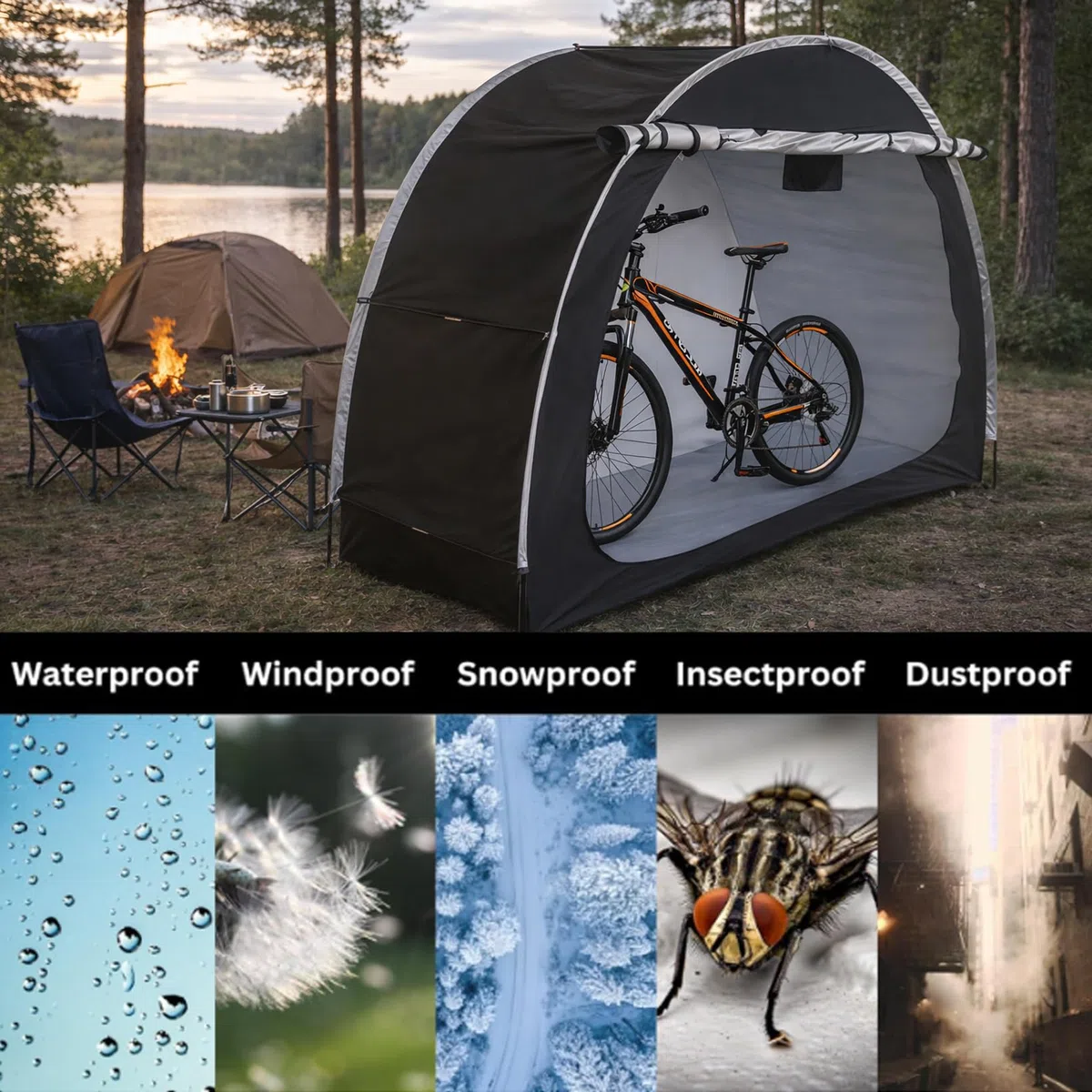 Fahrradlagerzelt für Fahrräder, Fahrradzelt 200 * 88 * 165CM, Außendurchführbares 210D Oxford Wasserdichtes Fahrradcover mit Lüftungsfenster, für Fahrräder, Rasenmäher, Gartengeräte(Schwarze