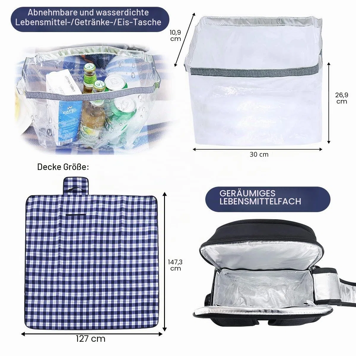 Sunflora Picknickrucksack für 4 Personen mit Decke Picknickkorb-Set für 2 mit isoliertem Kühler Weintasche für Familienpaare (Schwarz)