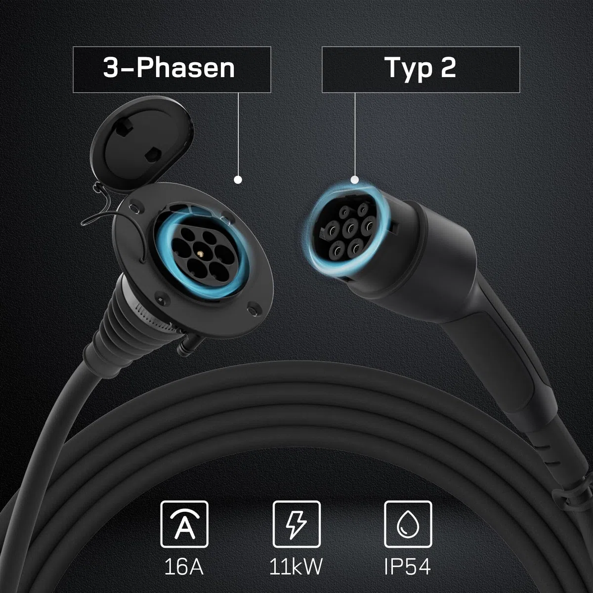 Typ 2 Verlängerungskabel 10m 11kW 16A 3-Phasen Ladekabel 400V IP54 IEC62196-2