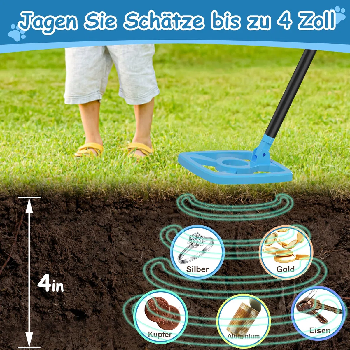 Metalldetektor Kinder, OMMO USB Wiederaufladbarer Metalldetektor mit Lustigem LCD-Display, 72-100cm Verstellbarer Leichter Metalldetektoren für Kinder, Erkundung im Freien, Azure