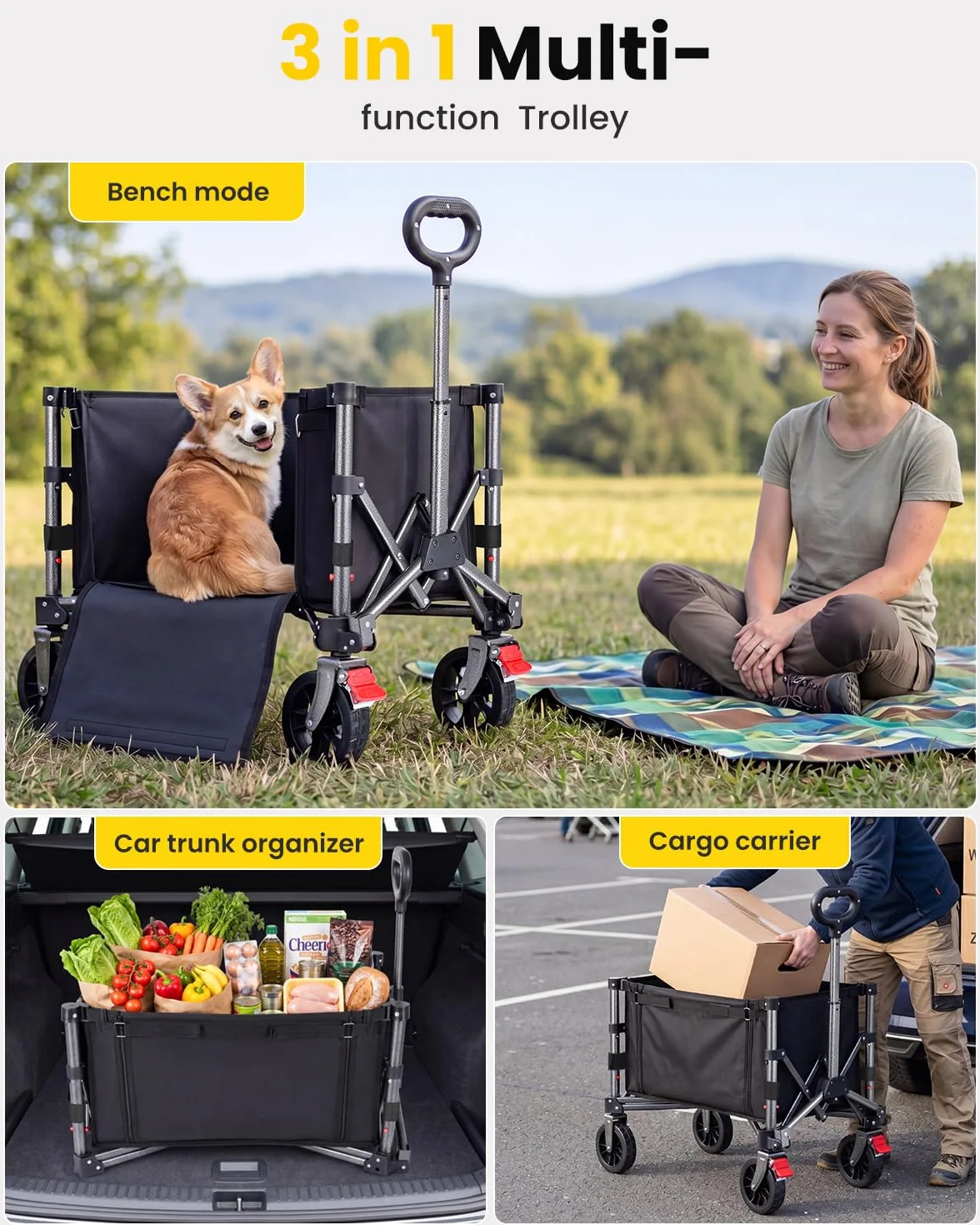YEAUPE PRO Bollerwagen Faltbar, 70L 80KG Klein Faltbarer Handwagen mit Seitlichem Reißverschluss & Höhenverstellbarem Griff, Gartenwagen für Hunde, Einkaufen, Camping, Transport & Outdoor