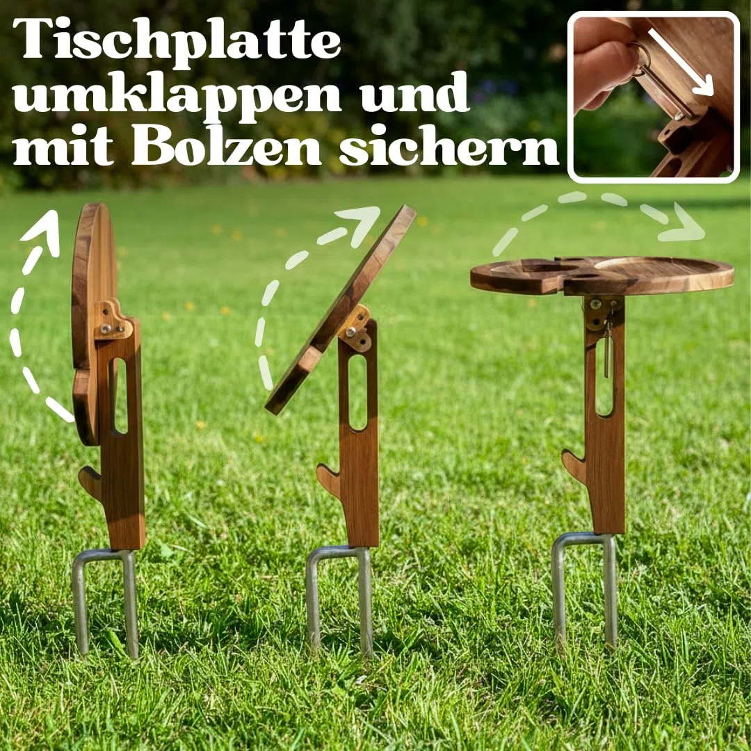 Decozy Life Steckbarer Weinhalter aus Massivholz - klappbarer Picknicktisch – Picknick & Camping Geschenke | Strand Gadget, Garten Gadget & Wein Zubehör | Originelles Camper Geschenk für Weinliebhaber