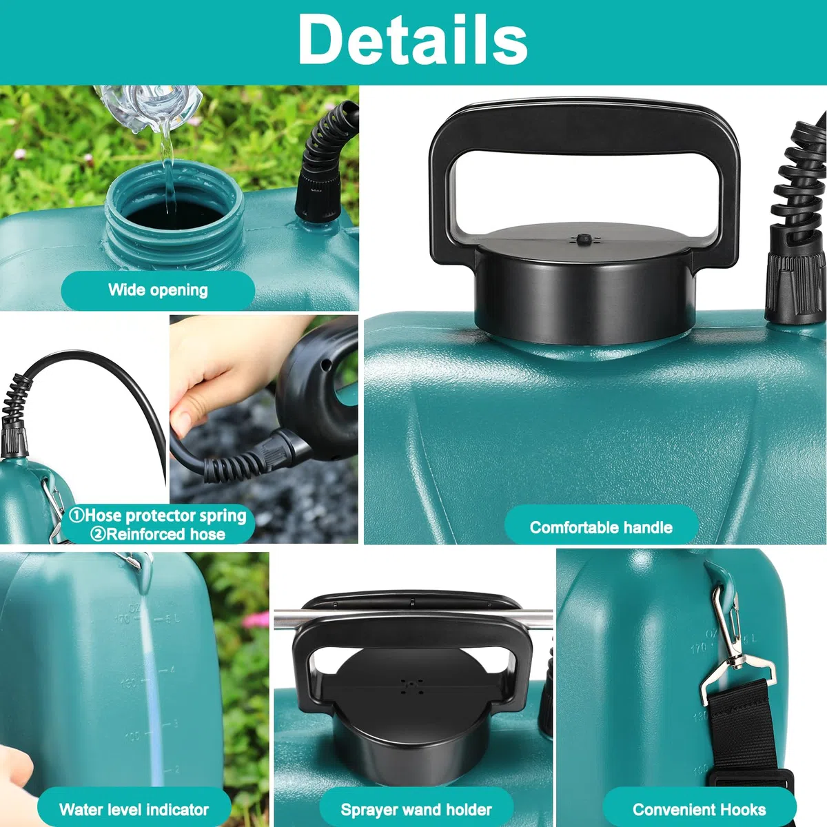 TLGREEN Drucksprüher 5L, 7.4V Stärker Elektrischer Pflanzensprüher, mit 3 Düsen & Verstellbarer Schultergurt, USB-aufladbarem Griff mit Teleskopstab für Gartenspritze, Unkrautspritze & Wassersprüher