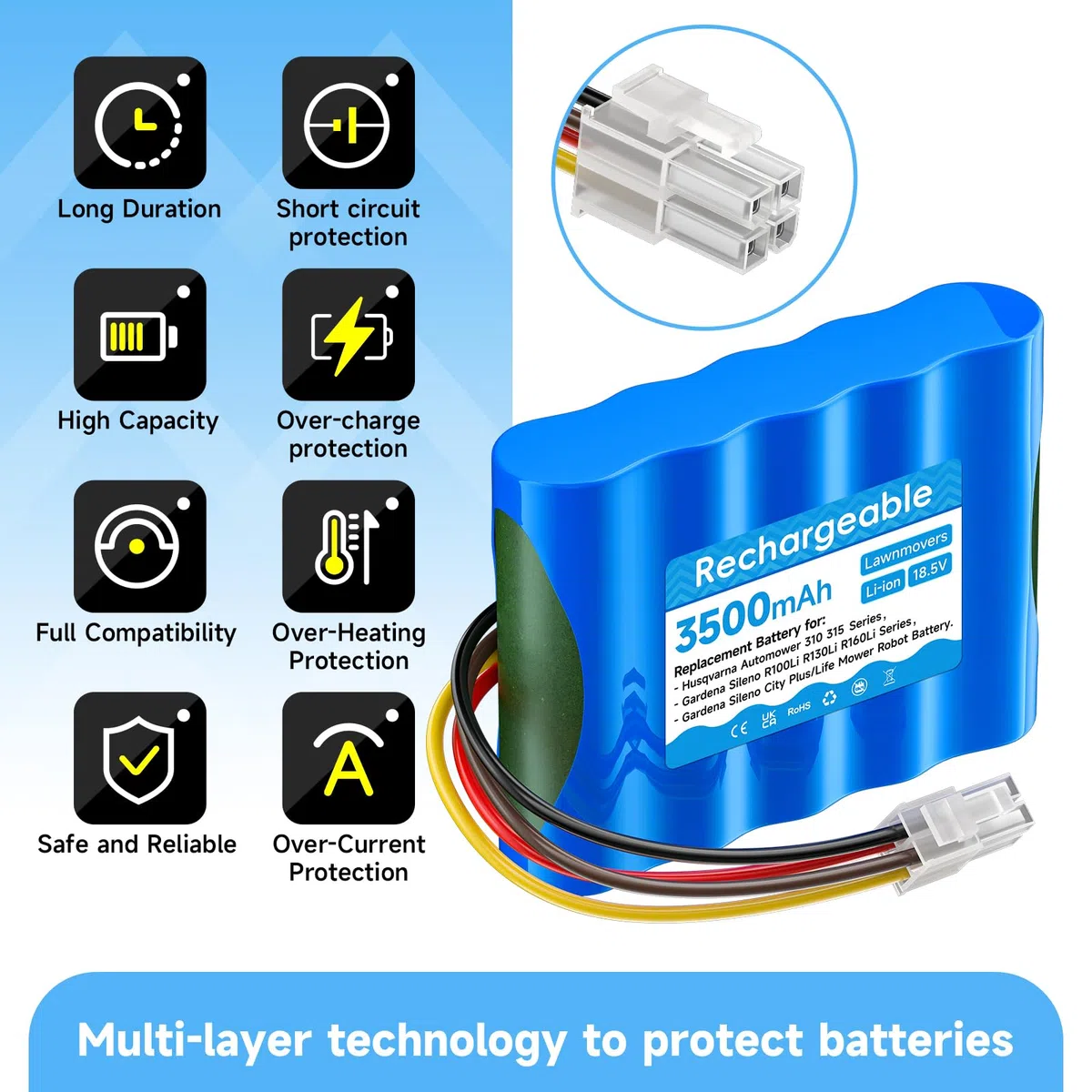 18.5V/3500mAh Mähroboter Akku für Husqvarna Automower 310 315 315X(2015-2018), Ersatzakku für Gardena Sileno R100Li/ R130Li/ R160Li,für Gardena Sileno City/Life 250 500(Jahr 2015-2018) 584 82 28-01/02