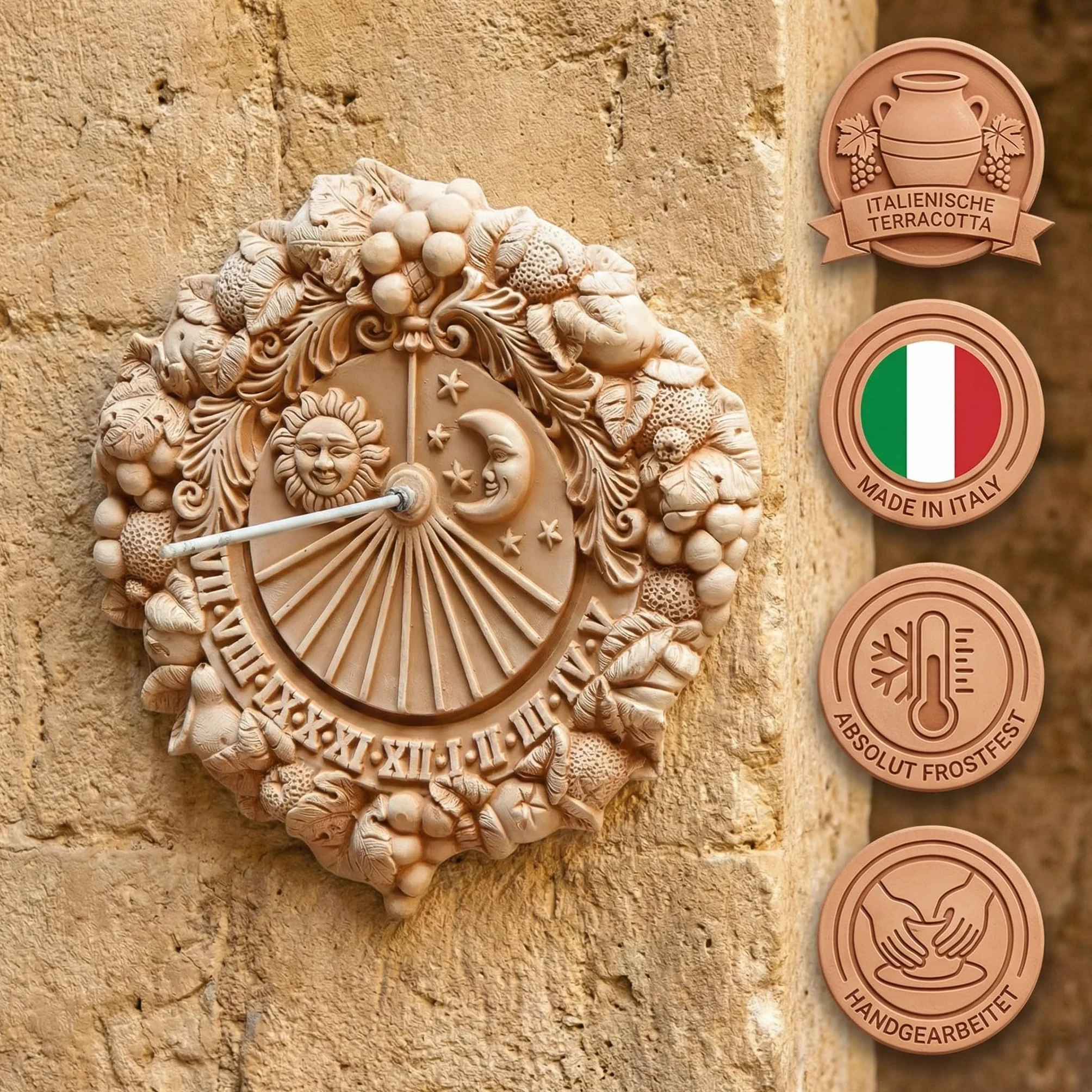 Teramico Deko Sonnenuhr Meridiana aus italienischem Terrakotta frostfest und witterungsbeständig QUALITÄTSWARE Handarbeit (Meridiana 35cm)