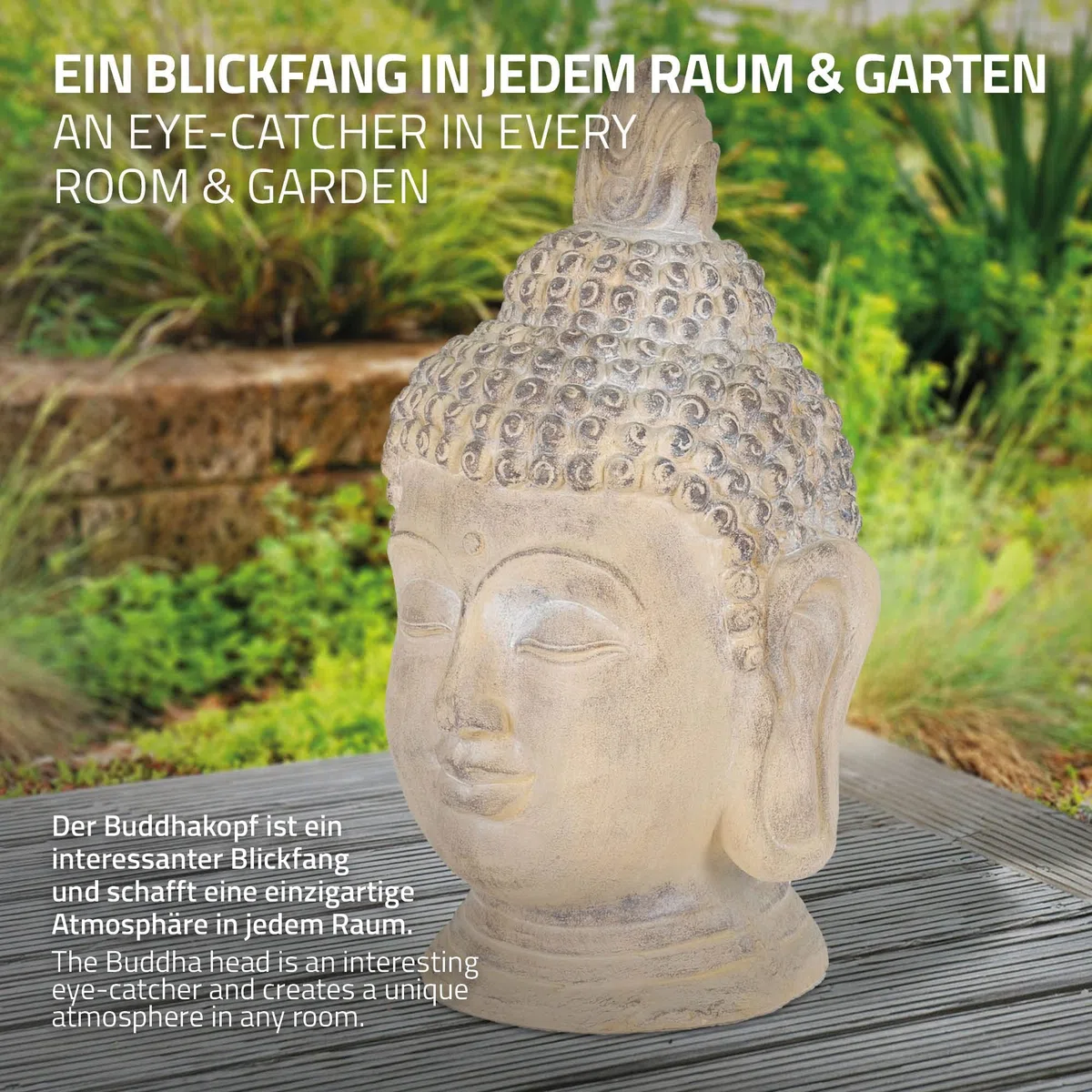 ECD Germany Buddha Figur 55 cm Beige/Grau, Kunststein Polyresin, Kopf Statue Skulptur Dekofigur Feng Shui Kunststeinfigur Dekoration Gartenfigur Asien Dekorationsobjekt Steinfigur, für Haus und Garten
